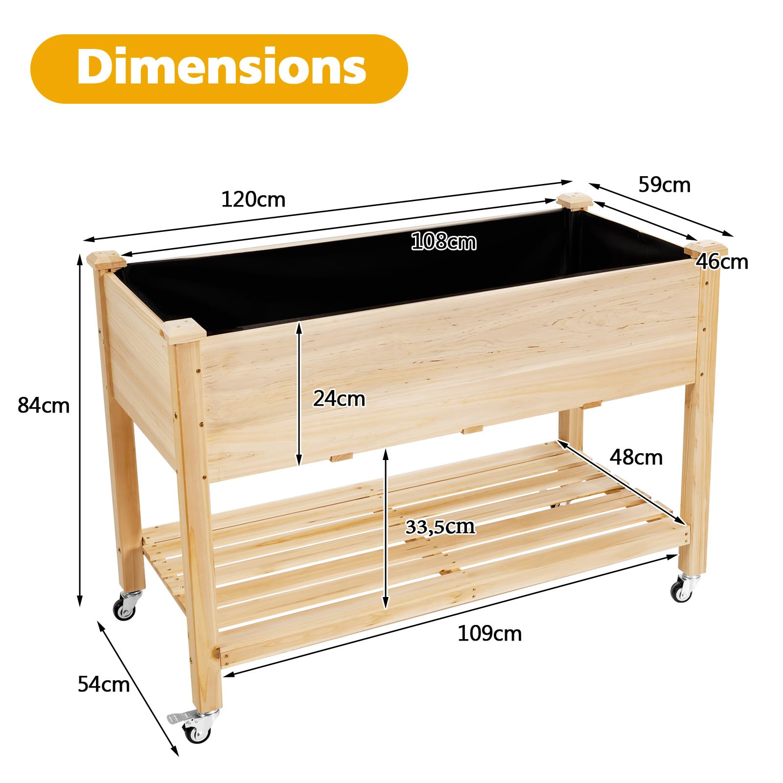 HOMASIS Jardinière sur Pieds avec roulettes et Étagère, Carré Potage Surélevée en Bois avec Trou de Drainage et Non-Tissé Intérieur, pour Jardin, Balcon, Terrasse 120 X 59 X 84 Cm