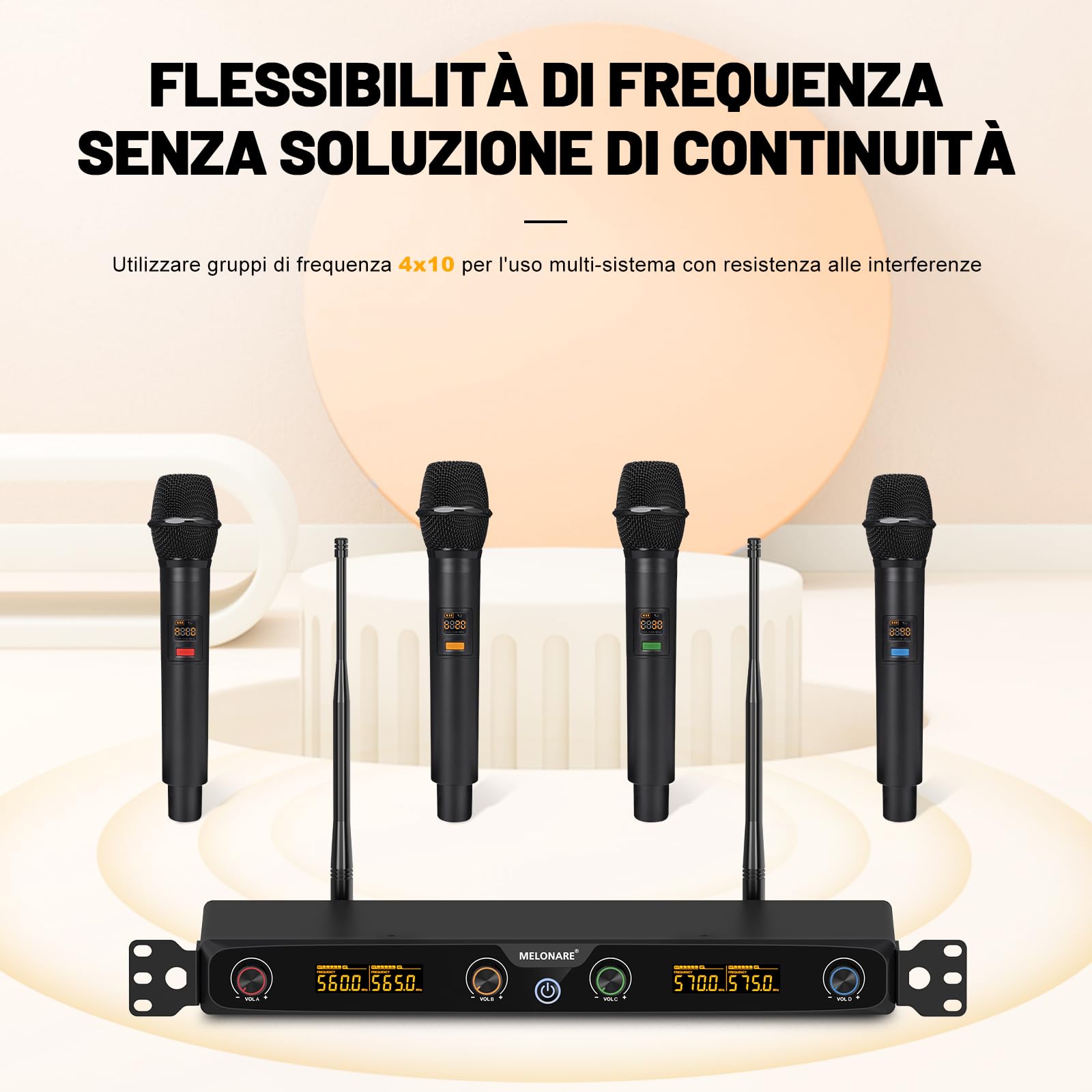 MELONARE Sistema Micro Wireless UHF Rack 4 Canali Handheld MWM-41F | 4 microfoni palmari dinamici, 4 x 10 frequenze, portata 260 ft, live, karaoke, chiesa, DJ