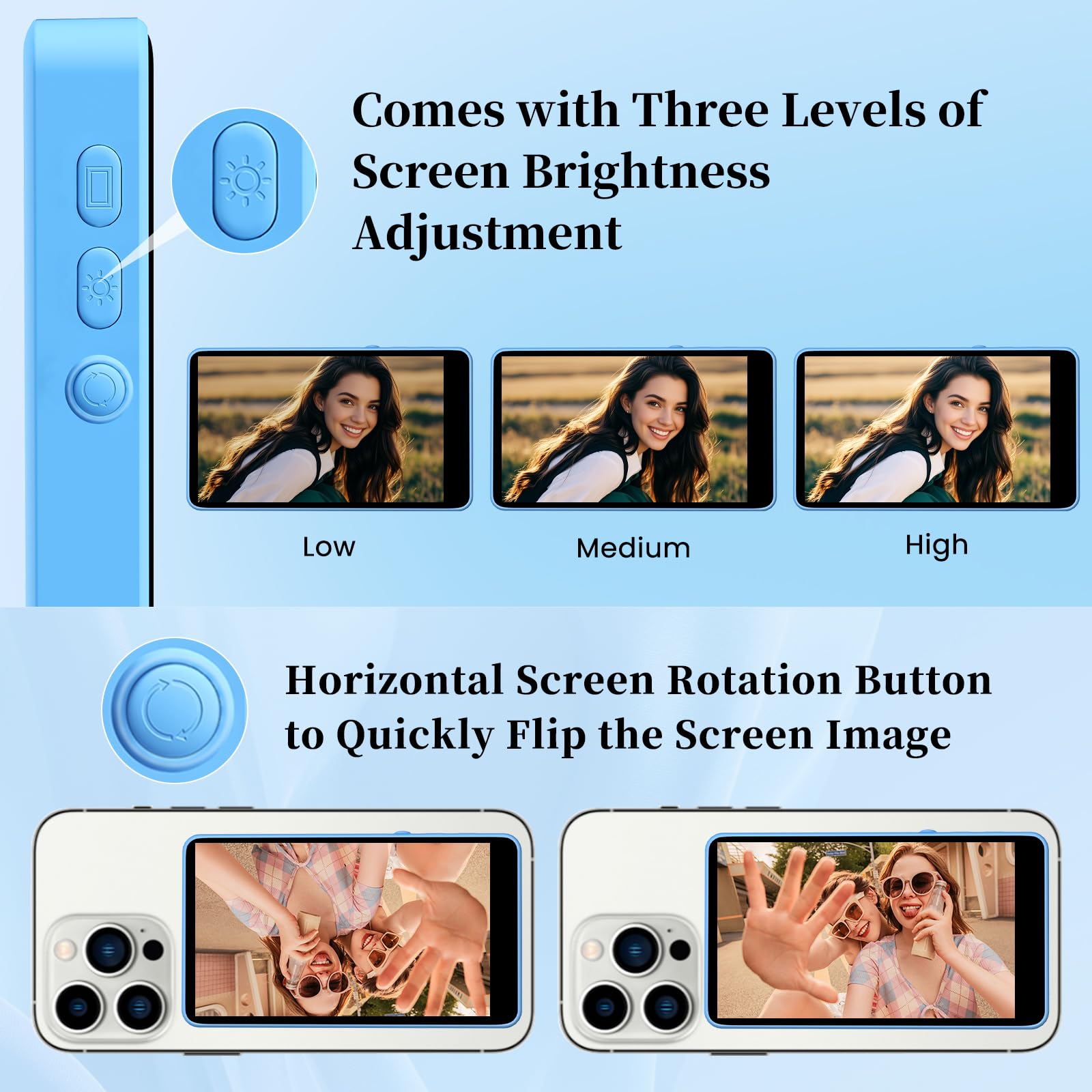 Écran de Moniteur Selfie pour Téléphone, 3 Niveaux de Luminosité, Télécommande Bluetooth 4K 60 fps, écran de Caméra Arrière pour Selfie/Vlog/LiveStream TK, Compatible avec iPhone et Android (Bleu)