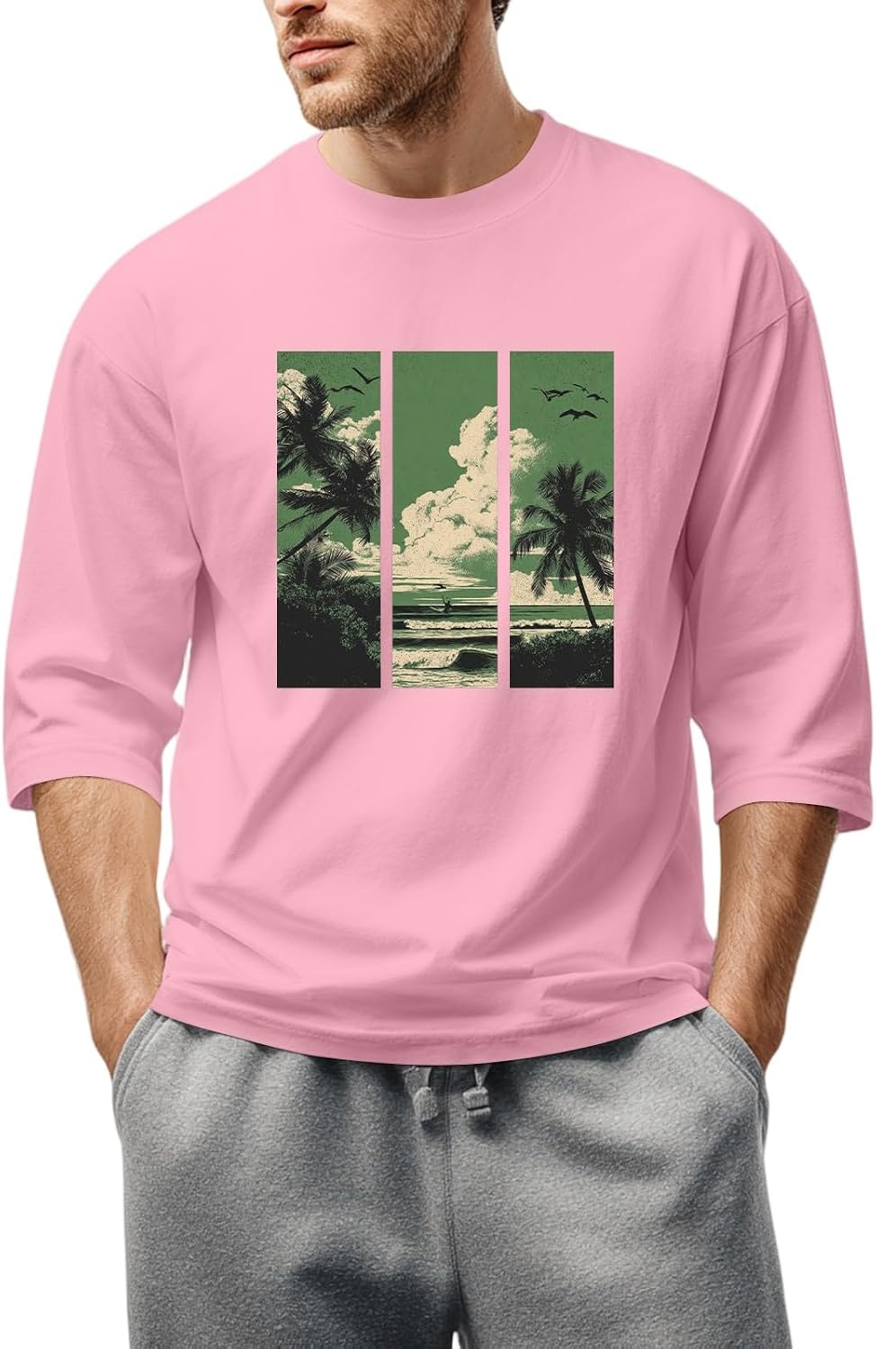WENKOMG1 Men's Novelty Graphic Print Tee Shirt 3/4 Sleeve Casual Summer Hawaiian Beach T-Shirt, S-3XL