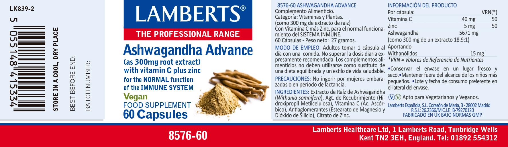 Pack x2 | Lamberts Ashwagandha, Cápsulas Vegetarianas con Extracto de Raíz, Vitamina C y Zinc, Para Sistema Inmunitario, 60 Cápsulas | LAMBERTS