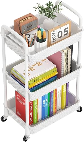 Carrito rodante de plástico de 3 niveles con asa, carrito de almacenamiento utilitario con oficina, sala de estar, cocina, estantes organizadores de