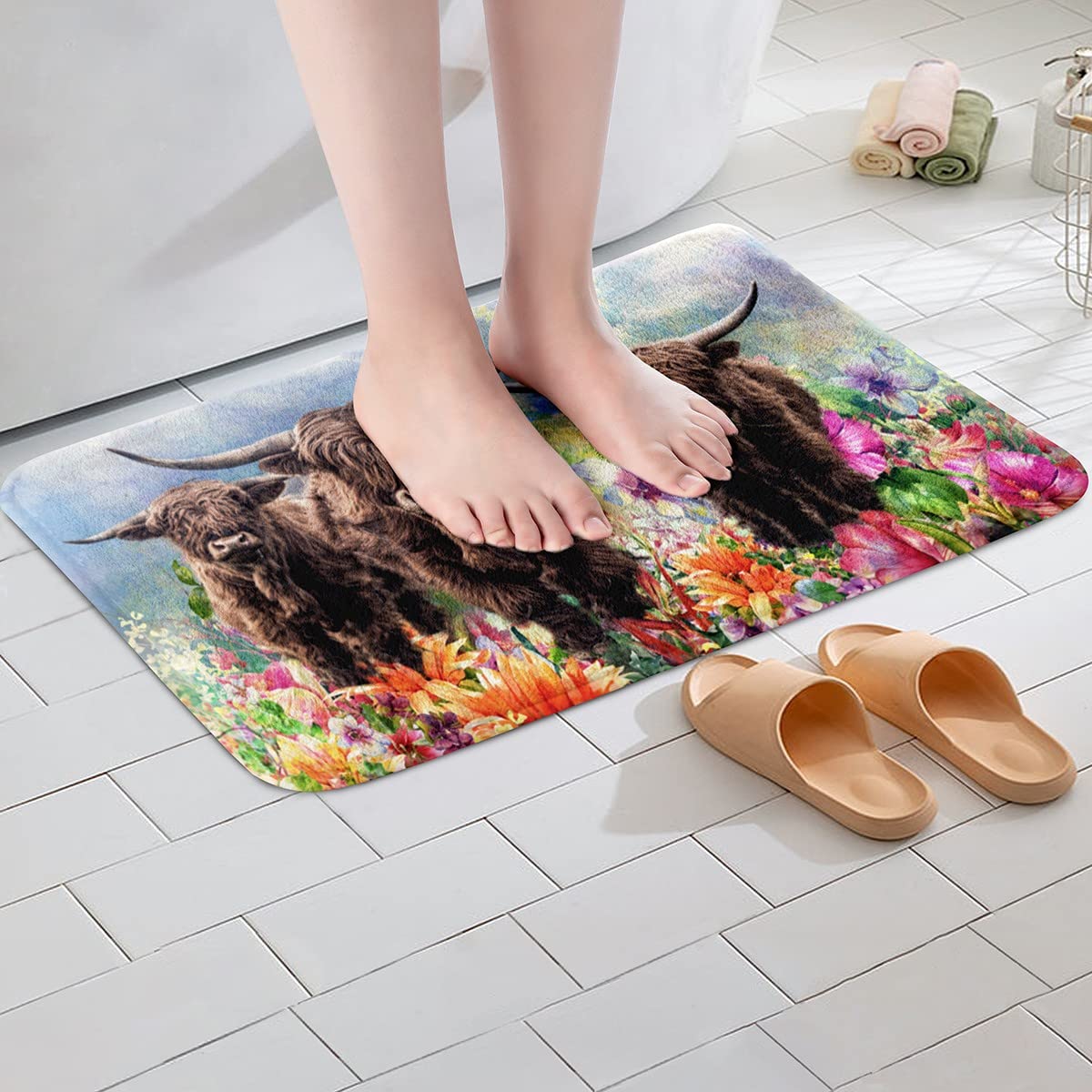 Homemissing Tappeto da bagno per bambini con mucca delle Highland, tappeto da bagno con bandiera americana, per vasca da doccia, fiori e fiori, antiscivolo, per il bagno, 50 x 81 cm