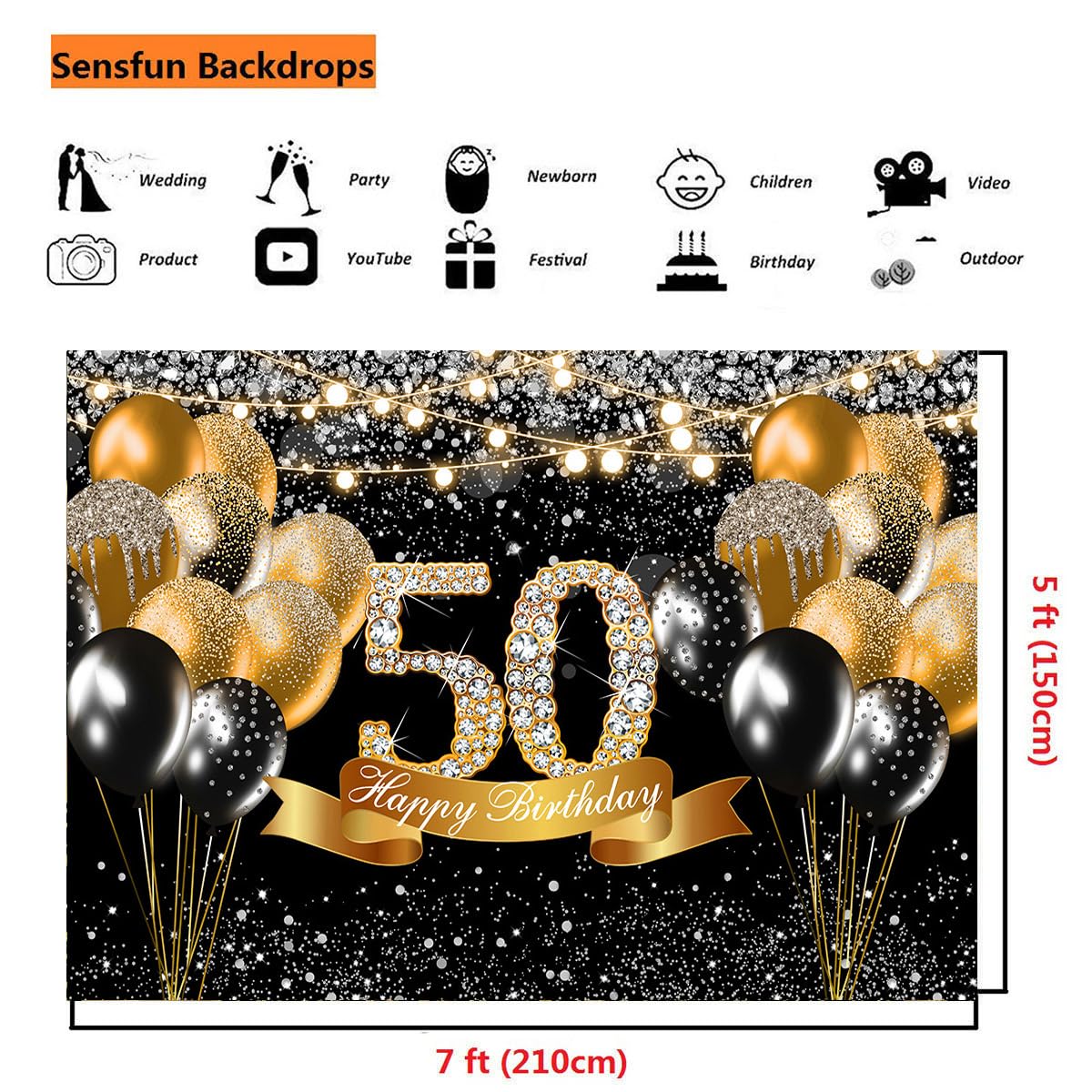 Sensfun 7x5ft Happy 50th Birthday Backdrop Green Gold Glitter Diamond Popping Champagne Celebration Background For Women Fabulous 50th Birthday Banner Fifty Years Old Party Decoration Supplies