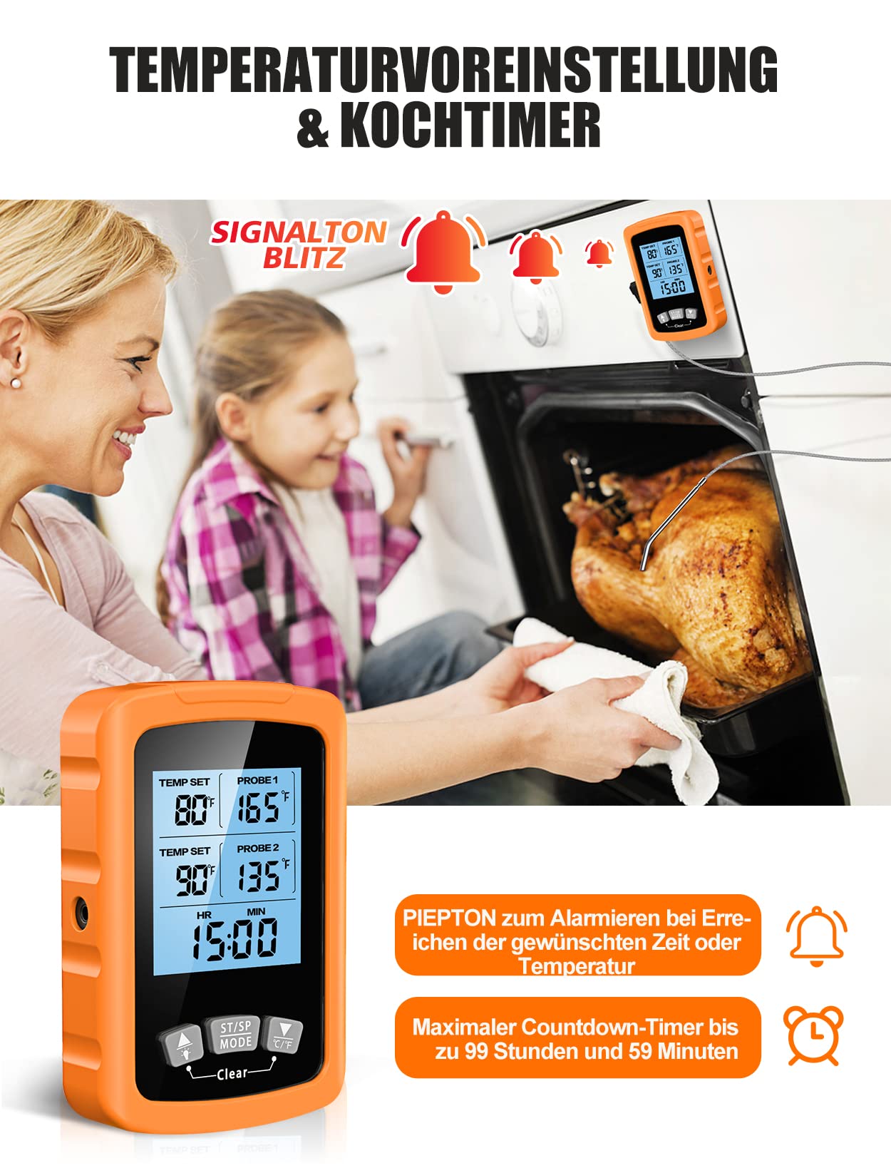 CIRYCASE Fleischthermometer Digital, Schnell & Präzise Ablesbares Ofenthermometer mit Zwei 16,3cm Edelstahlsonden, Grillthermometer mit Auto ON/OFF, Timer & LCD Bildschirm, für Kochen, BBQ, Küche