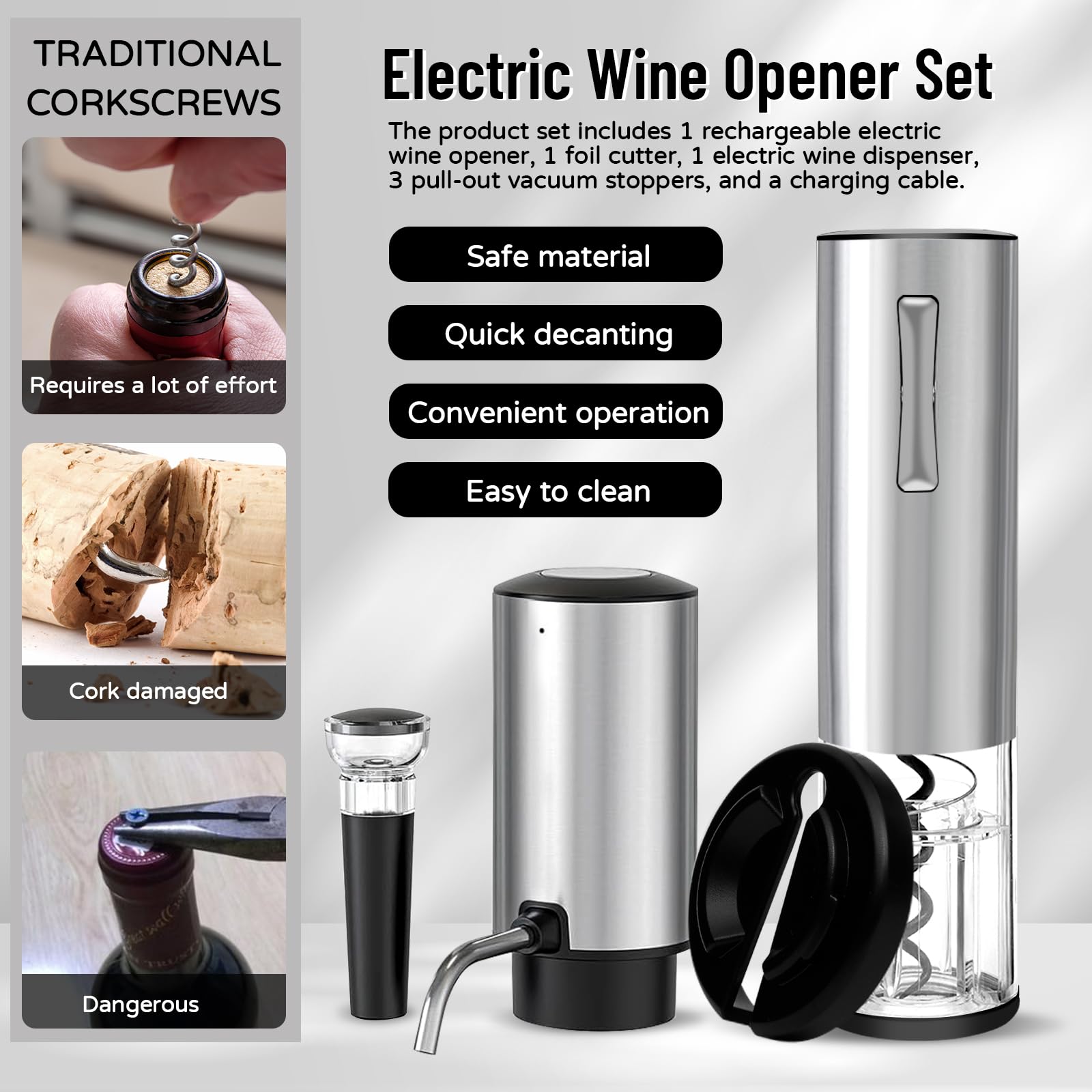 Electric Wine Opener Set - Automatic Rechargeable Corkscrew for Wine Bottles with Foil Cutter, Wine Aerator & Vacuum Stopper