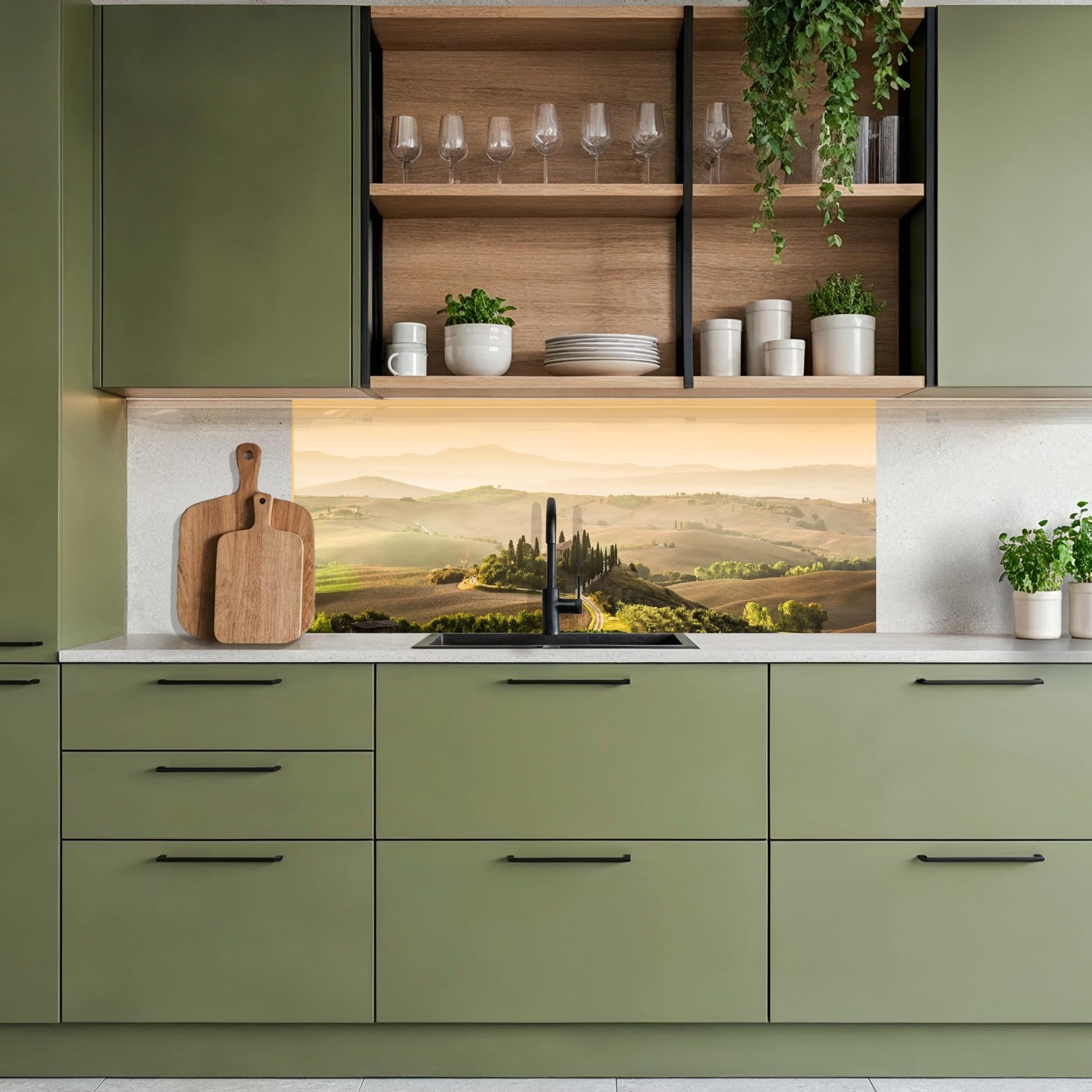 KitchenYeah© Credence Cuisine Sur Mesure 60x150 cm Plaque Adhesive Murale Panneau Decoratif Interieur Peel And Stick Mural Protection Mur Paysage - Toscane - Lumière Du Matin