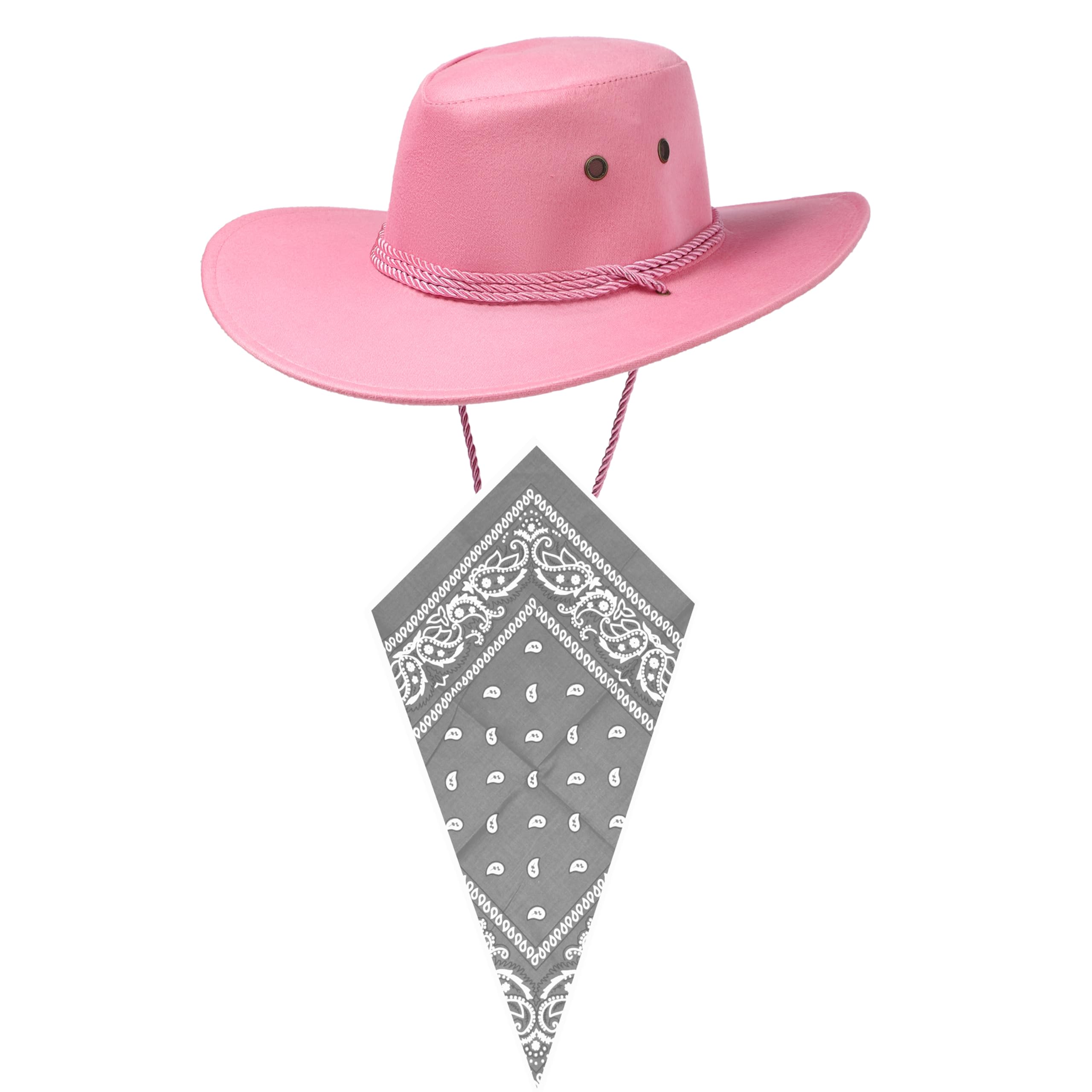 Pink Cowboy Hat and Grey Bandana Western Sun Cap Faux Felt Leather Suede Fancy Dress Party Costume Outfit Neckscarf Sun Protection Mens Womens