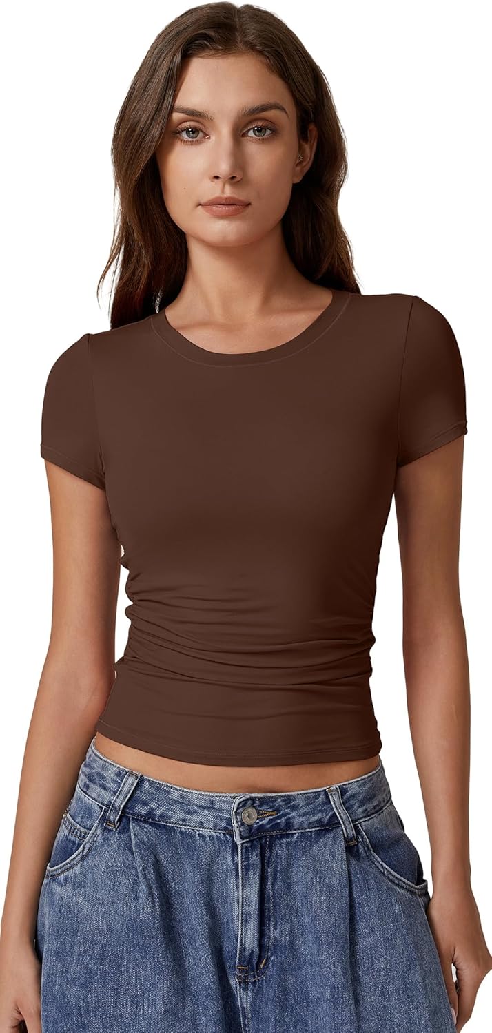 QINSEN Short Sleeve Shirts for Women Round Neck Basic Double Lined Tees Fitted Y2k Crop Tops - Image 3