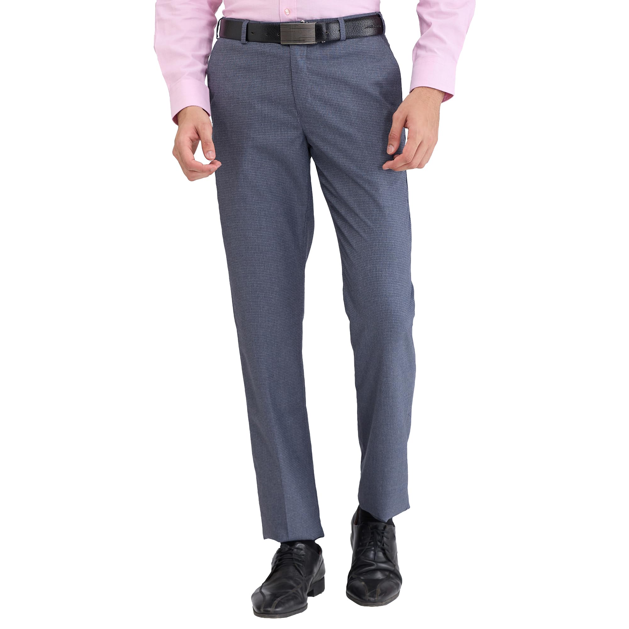 Men's Regular Fit Checks Pattern Poly Viscose Blend Flat Front Formal Trouser