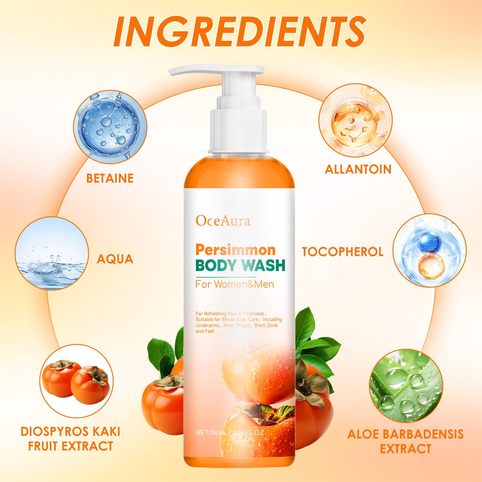 2 Persimmon Body Wash,Gel de Ducha de Caqui,Jabón Corporal de Caqui y Té Verde,Gel de Baño de Limpieza Profunda Hidratante Natural Eliminador de Olores — view 3