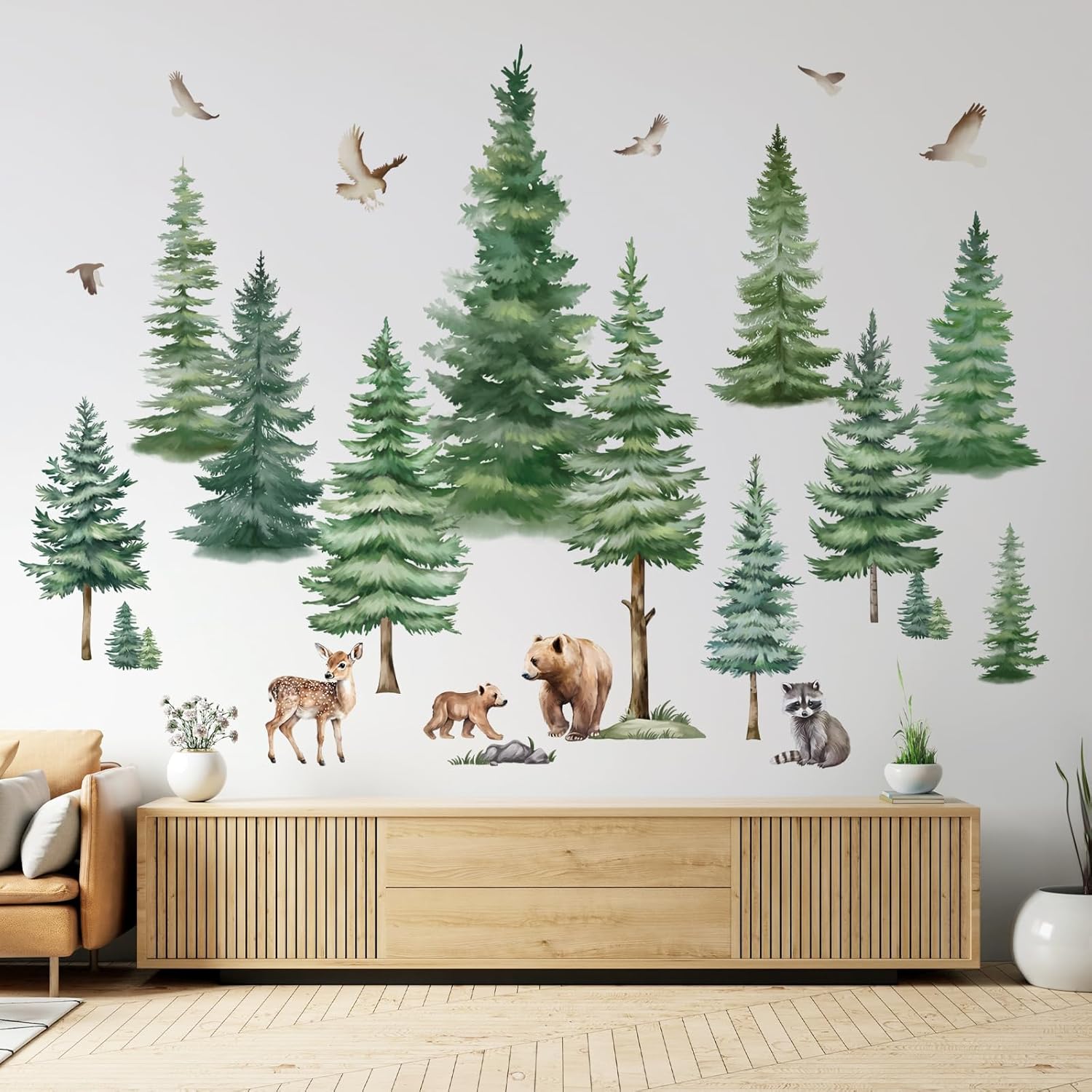 decalmile Large Pine Tree Wall Decals Bundle with Woodland Animal Bear Wall Stickers Baby Nursery Kids Room Bedroom Christmas Holiday Wall Decor Gift for Kids(XL)