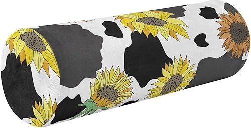 KLL Vector Black White Cow Print Sunflowers Decorative Bolster Pillow Bed Neck Roll Pillow Long Round Pillow Cervical Cylinder Pillow Support for