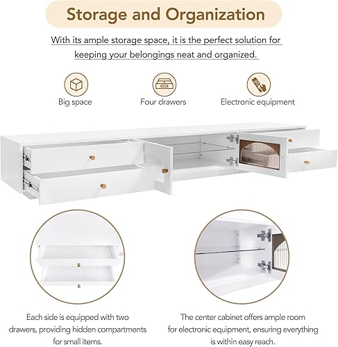 Miniatura 5 de LUMISOL Soporte de TV moderno para TV de 90 pulgadas, consola de TV larga acanalada con puertas y cajones de cristal, gabinete multimedia con amplio