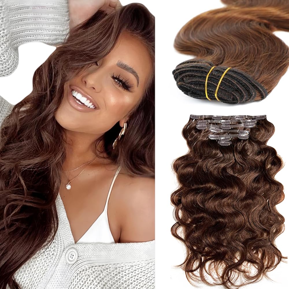 Photo 1 of 18 Inch Color #4 Body Wave Clip in Hair Extensions - Real Remy Human Hair, 120g 7pcs, Chocolate Brown Human Hair Extensions Dark Brown Body Wave Clip ins