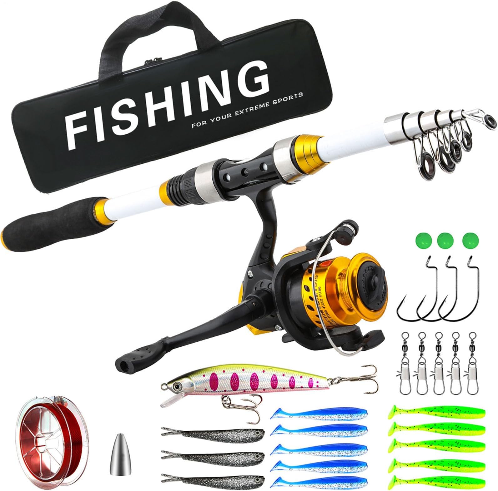 Fishing Poles and Reels Combo | Telescopic Gear Kit with Carrier Bag,Fishing Rod Set - for Freshwater Ice Surf Dock Sea Lake River Pond Bank Boat Saltwater