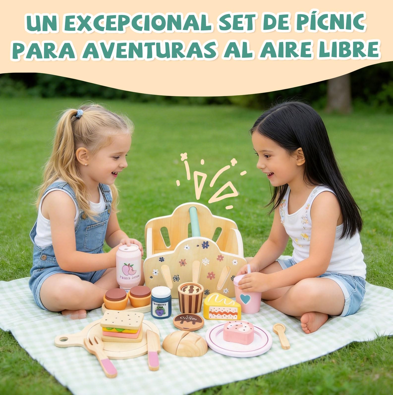 Juego de picnic para niños con juego de té para niños, incluye juguete de postre, juguete de madera y juguetes de jardín al aire libre para niños y niñas
