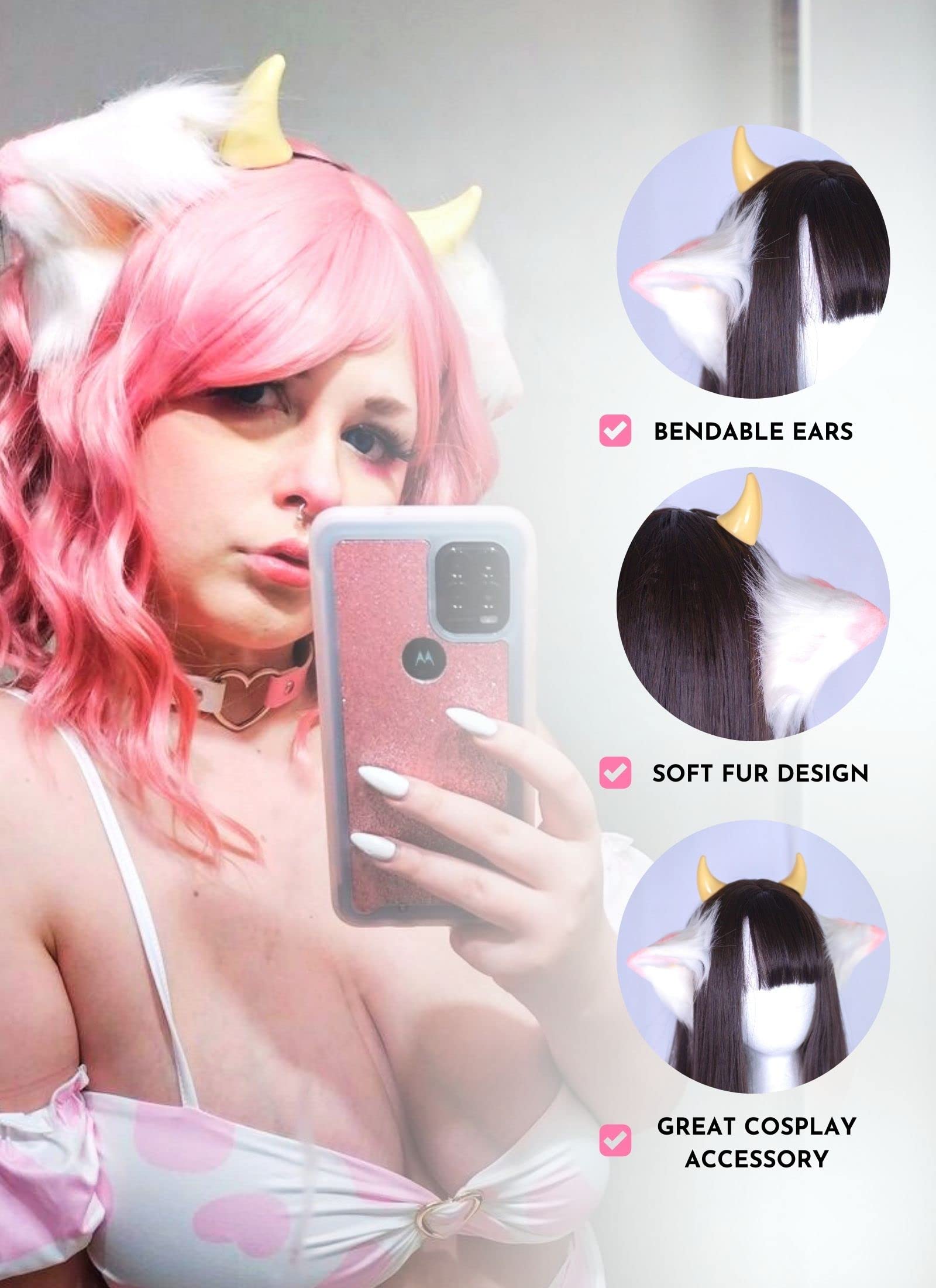 MOEFLAVOR Anime Plush Cow Ears Fur Headband with Devil Horns | Matches Any Kawaii Lingerie Costume for Sexy Cosplay: Pink