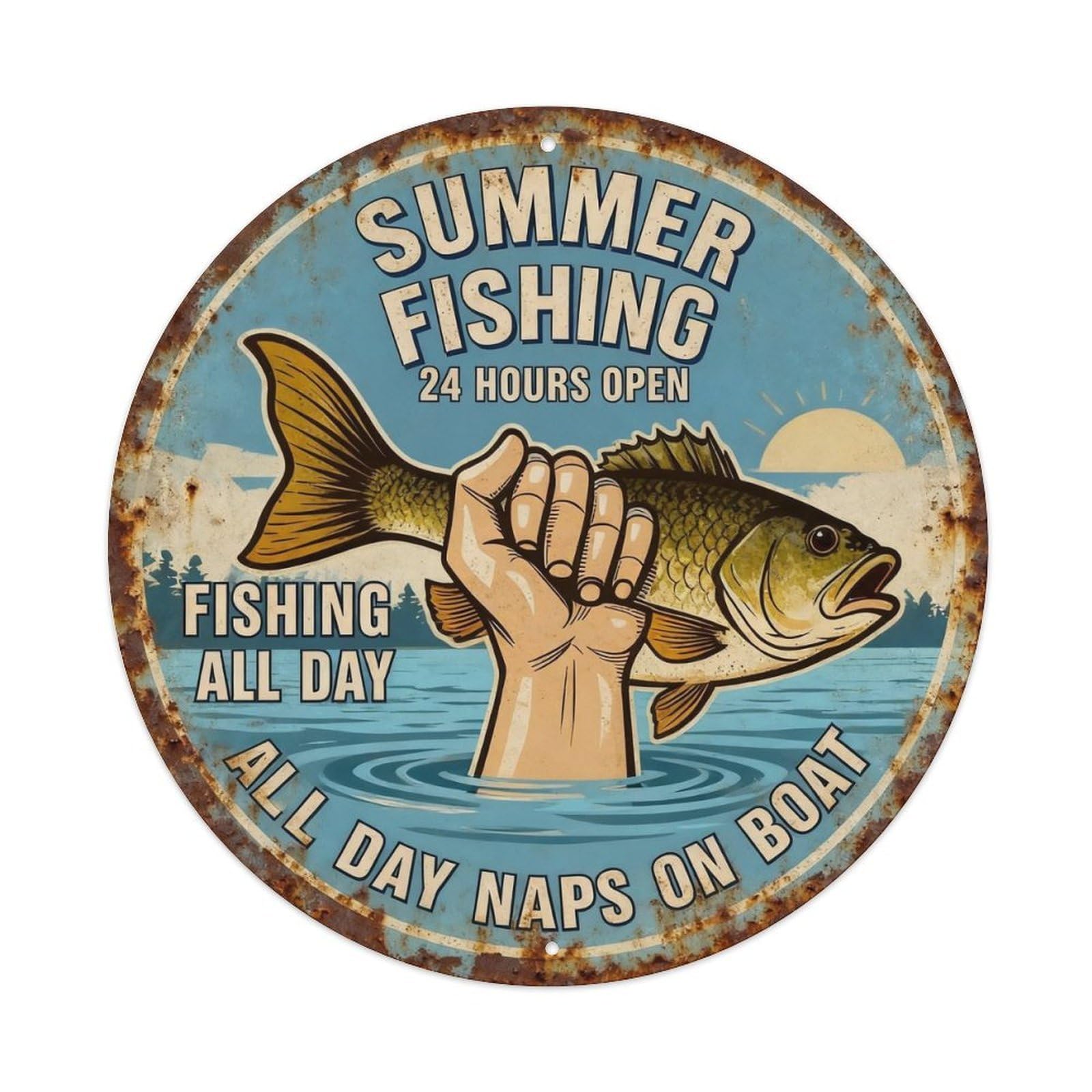 Summer Fishing 24 Hours Open Metal Tin Sign Plaque