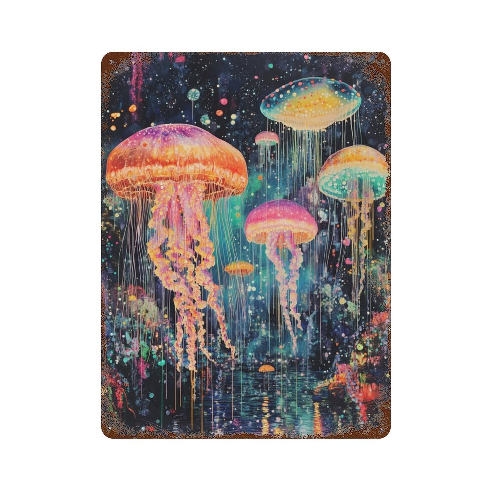 Rust Effect Colorful Jellyfish Painting Decorative Tin Sign 15.7"x11.8", Classic Wall Plaque for Pub, Kitchen And Man Cave Decor