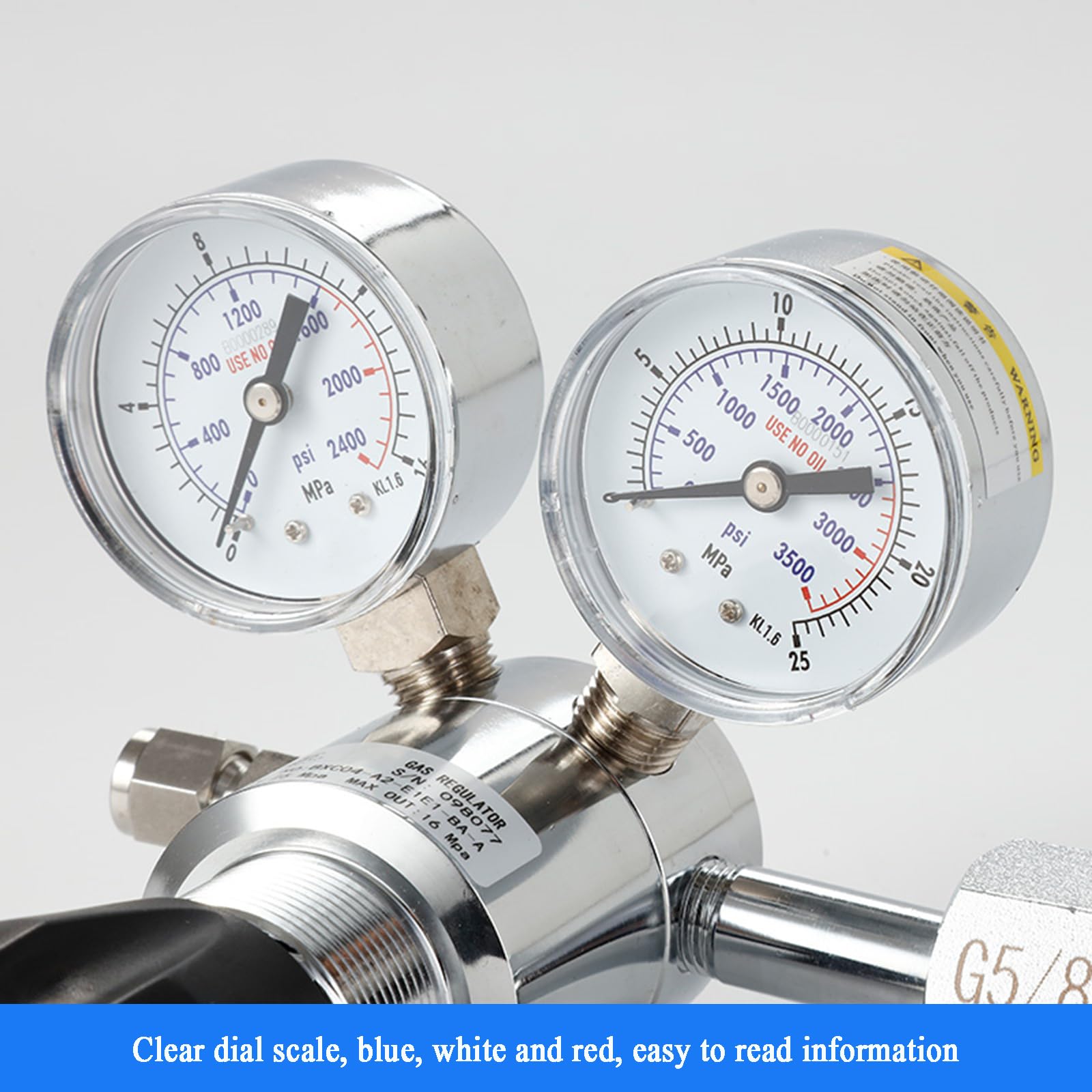 Regulador De Gas De Una Etapa Y Dos Medidores, Válvula Reguladora, Presión De Entrada De 20 Mpa, Conector De Salida De 1/3", Interfaz De Cilindro G5/8, para Aire/dióxido De Carbono/oxígeno.