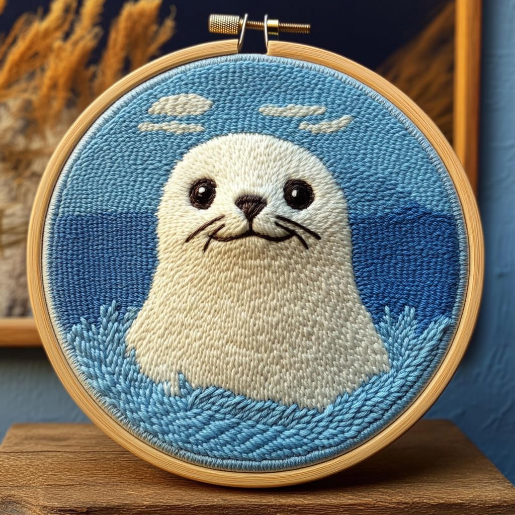 DIY Punch Needle Kits A Cute Seal in Sea Easy for Beginners Punch Needle Yarn Starter Embroidery Set for Craft Lovers with Hoop for Home Decor 20x20cm(5)