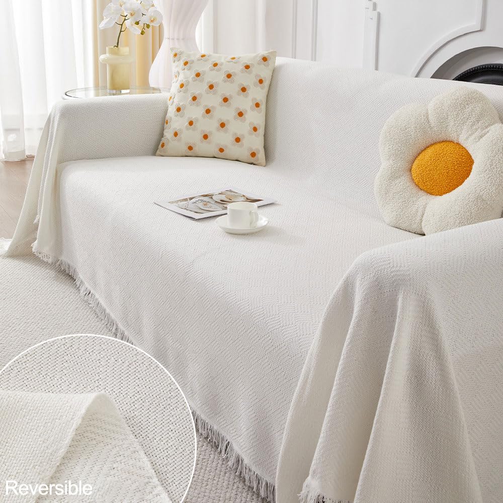 Highdi Sofa Throws Large, Extra Large Throws for Settees, Nordic Style Versatile Woven Soft Throw Blanket with Tassels for Settees Couch Armchair Sofa Bed (130x180cm,White) — image 1