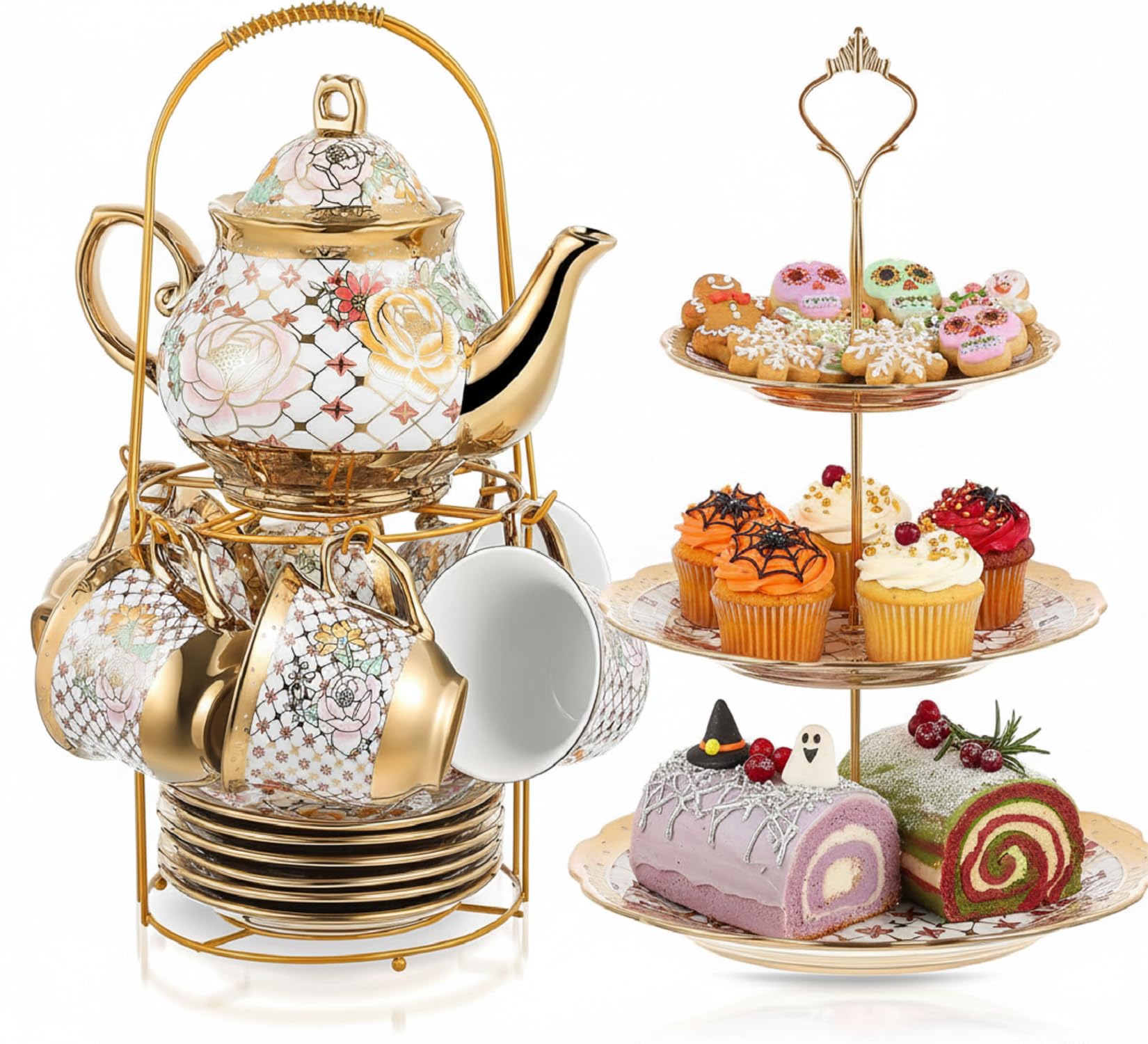 Maxcheck 21 Pcs Tea Party Set for Adults European Floral Tea Set with Metal Holder and 3 Tier Ceramic Cake Stand Porcelain Flower Cup Teapot for Dessert Cupcake Christmas Gift(Stylish Style)