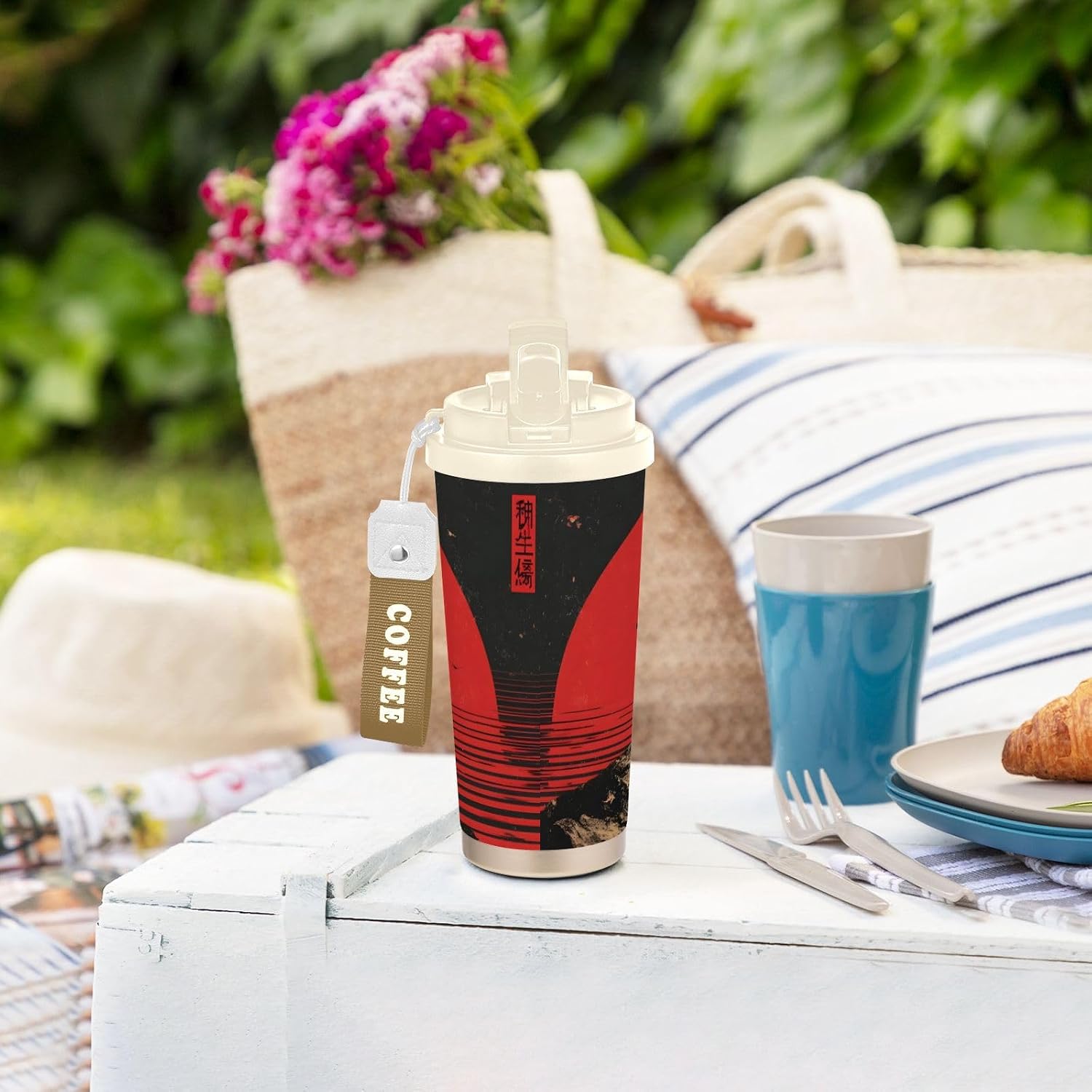 Insulated Coffee Mug Astronaut Guitar Japan with Straw & Flip Lid, 16.9oz Iced Tumbler Cup, Double Wall Vacuum Mug for Travel Office Camping