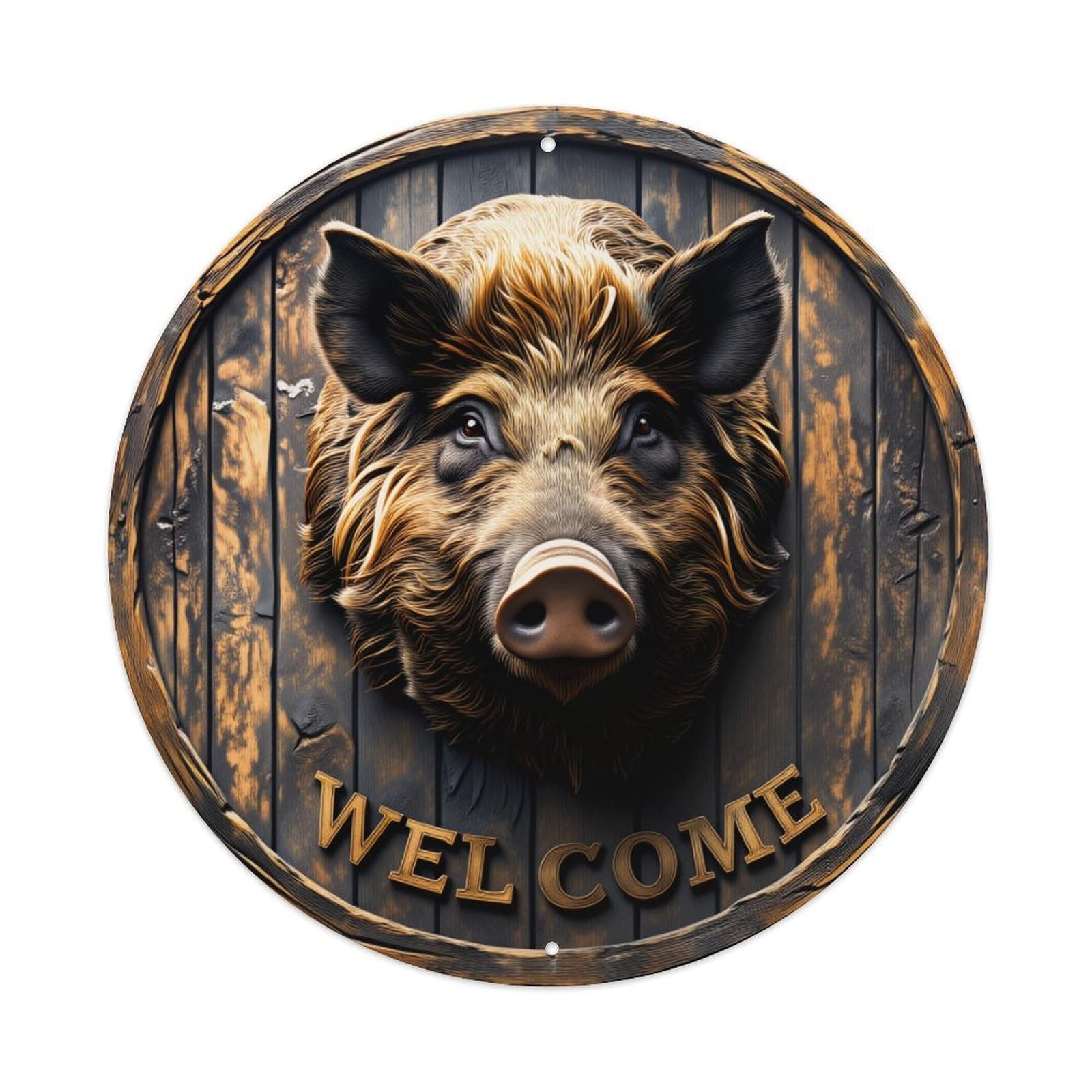 Pig Head On Wooden Barrel Welcome Sign Round Vintage Tin Sign,Retro Wall Art,Metal Poster for Home, Bar, Garage, Cafe, Rustic Indoor & Outdoor Decor, 8x8 Inches