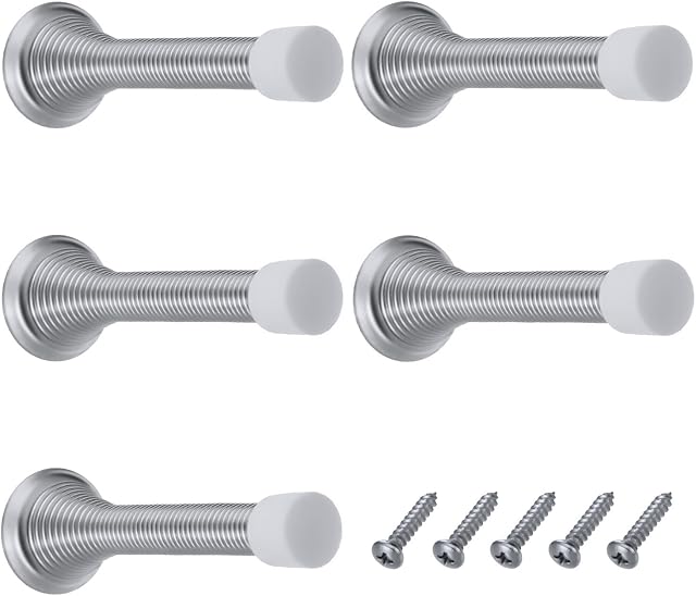5 Pack 85 mm Spring Door Stop Metal Door Stoppers with Screws and Base Plate (Silver)