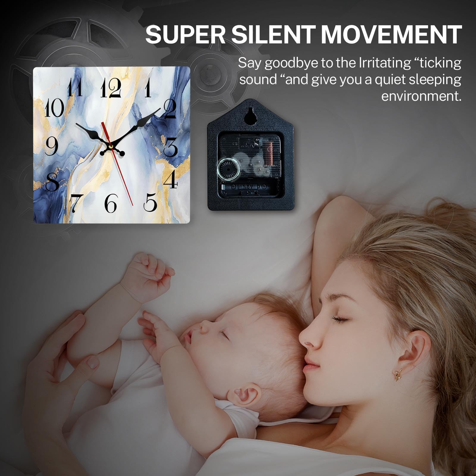 ArtSocket Blue Golden Marble Wooden Wall Clock Silent Non-Ticking, Rose Gold Green Geometric Abstract Square Rustic Wall Clocks Decor for Home Kitchen Living Room Office, Battery Operated(12 Inch)