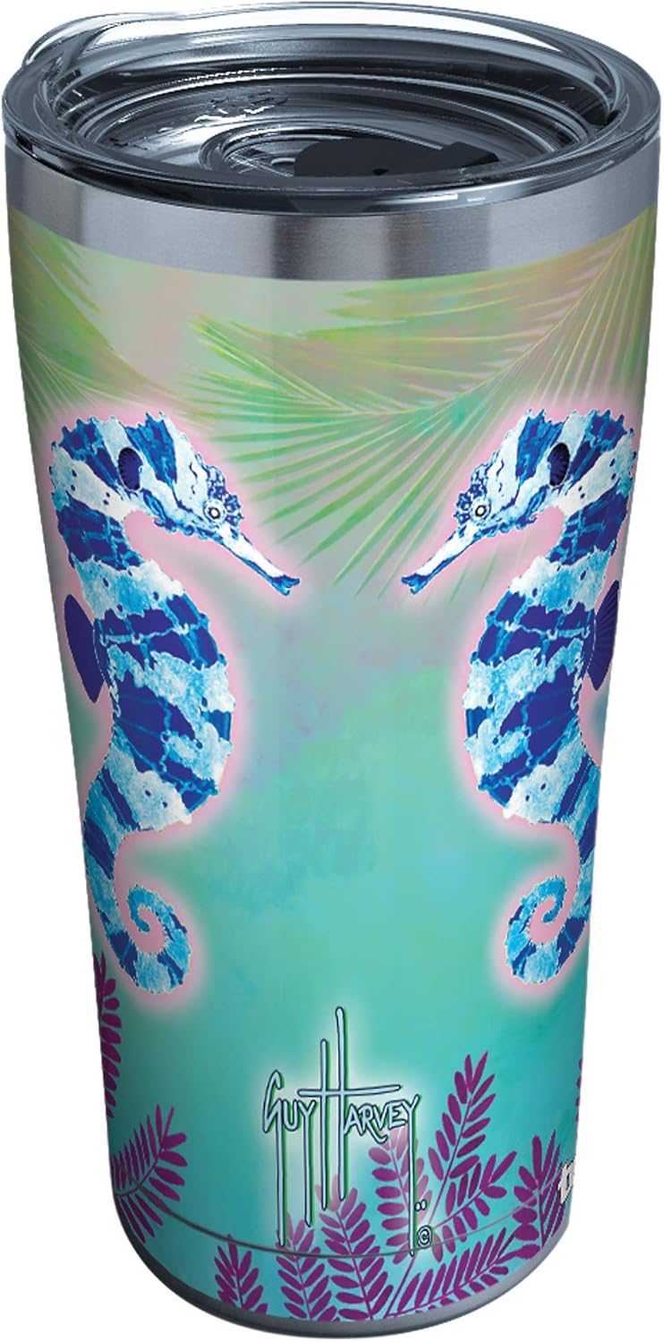 Tervis Triple Walled Guy Harvey Insulated Tumbler Cup Keeps Drinks Cold & Hot, 20oz - Stainless Steel, Neon Sea Horses