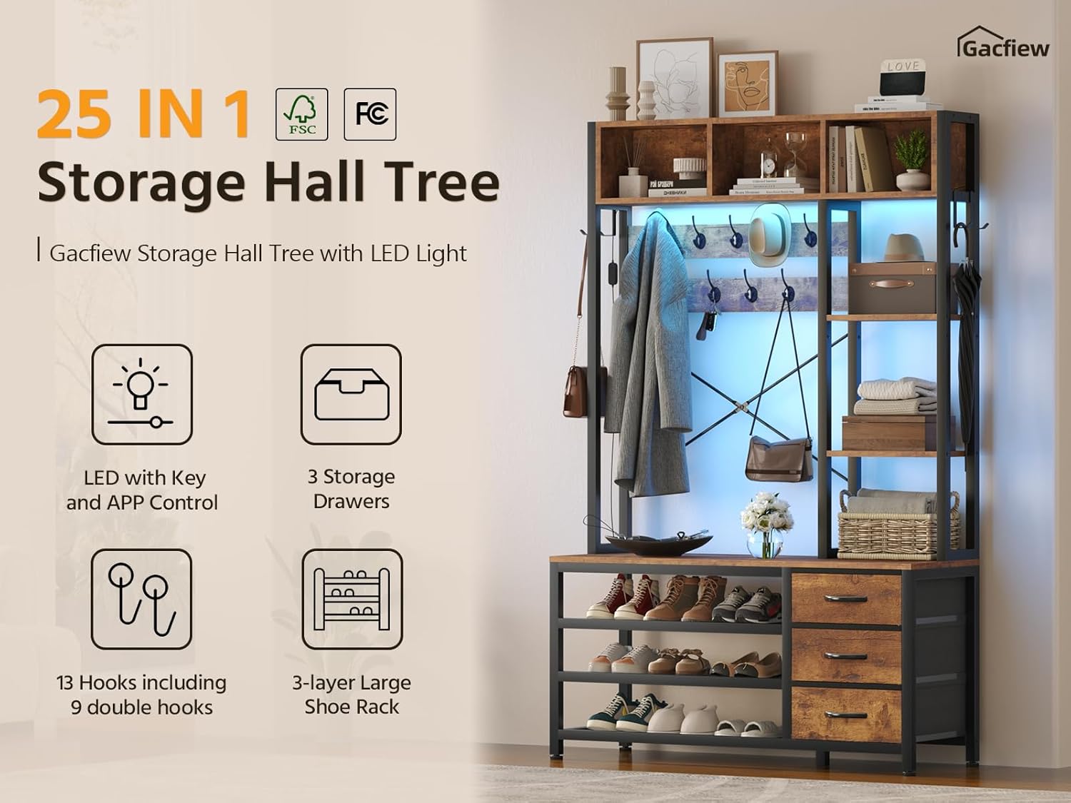 39.4'' Hall Tree with Bench and Shoe Storage, Entryway Bench with Coat Rack, 25-in-1 Tall Hall Tree with Led Lights, 3 Storage Cubbies, 3 Open Shelves, 13 Coat Hooks, 3 Fabric Drawers, Rustic Brown