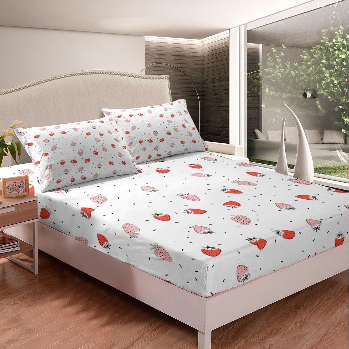 Girls Strawberry Fitted Sheet Kids Pink Cute Fruit Print Bedding Set for Kids Kawaii Room Decor Red White Strawberry Bed Sheet Set Breathable Cartoon Bed Cover Room Decor Queen Size