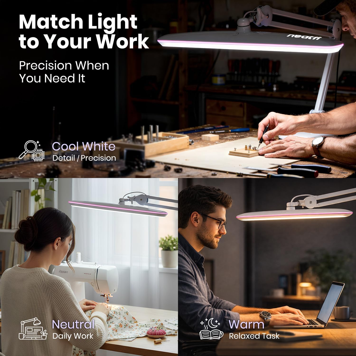Neatfi XL 2,200 Lumens 24W LED Desk Lamp – 23” Wide Shade | Dimmable Eye-Caring Task Light | Adjustable Arm | Home Office, Study, Crafts & Nail Tech (White with Pink Ring, Non-CCT with Clamp)