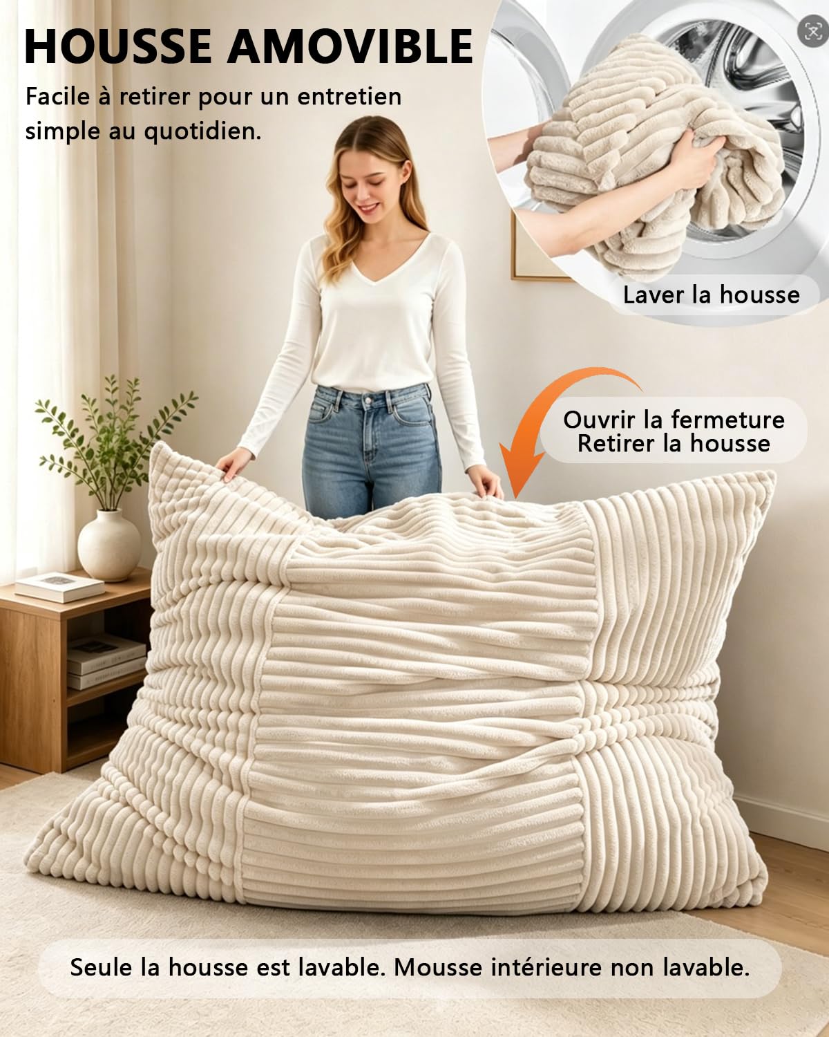 Combet Pouf Géant XXL Fauteuil Adulte, Salon Chambre, Beige