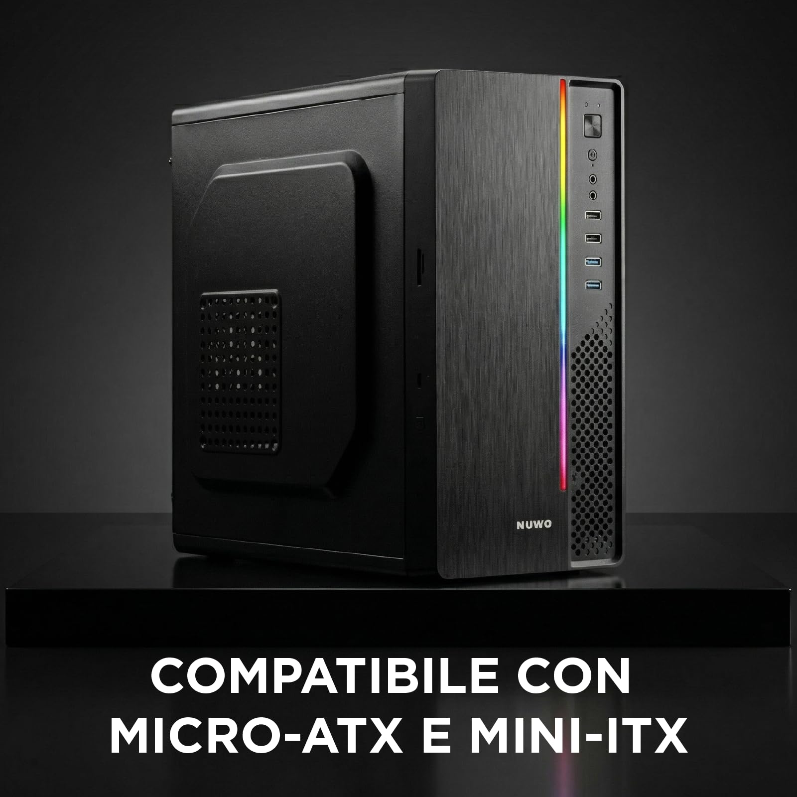 Nuwo Itak I603 Case Micro-ATX Mini-ITX con Alimentatore 240W per PC Desktop Office Mini Tower mATX 0.40MM SPCC, Strip LED e Lettore Card, USB 3.0, Nero