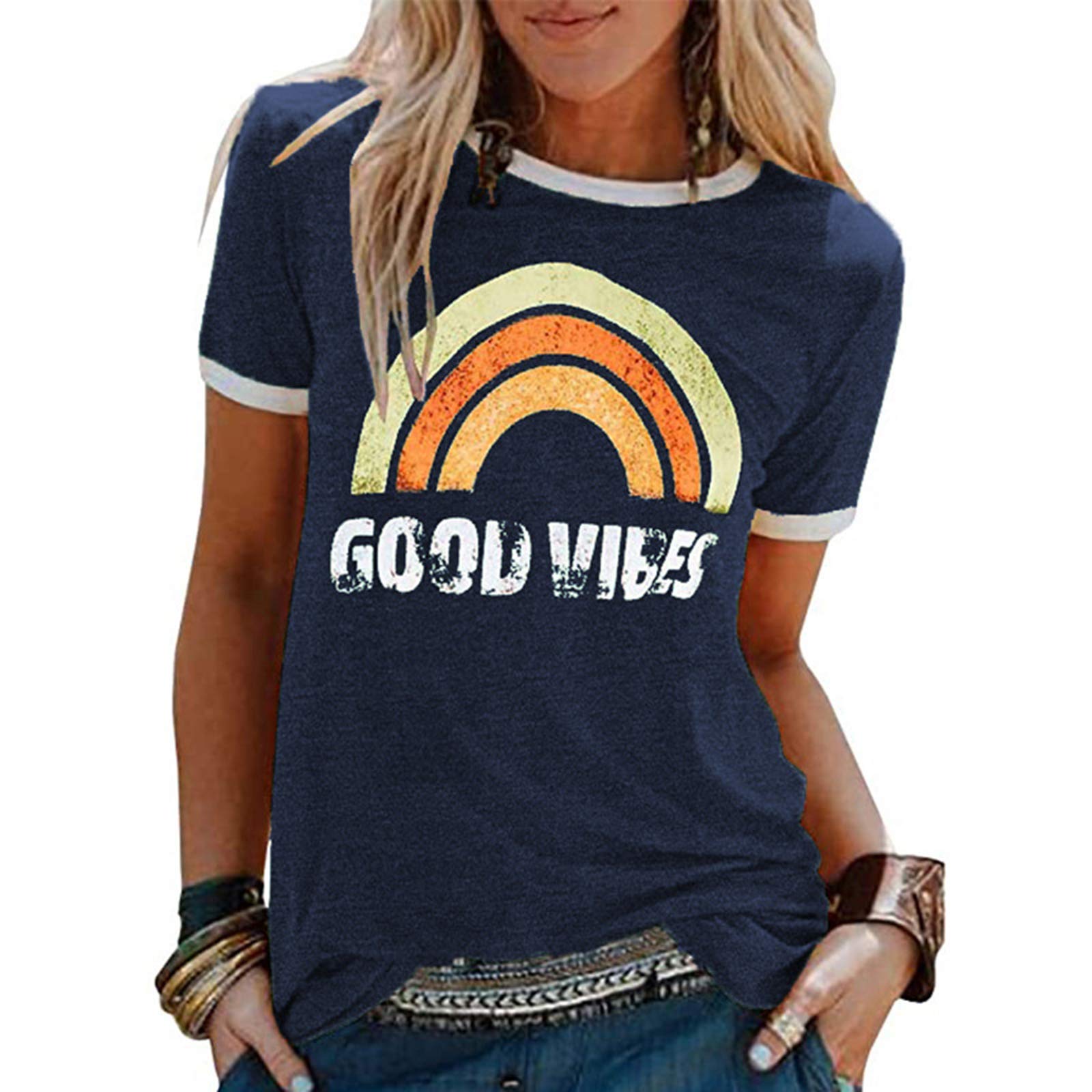 T-shirt arc-en-ciel femme col rond haut manches courtes bleu taille L
