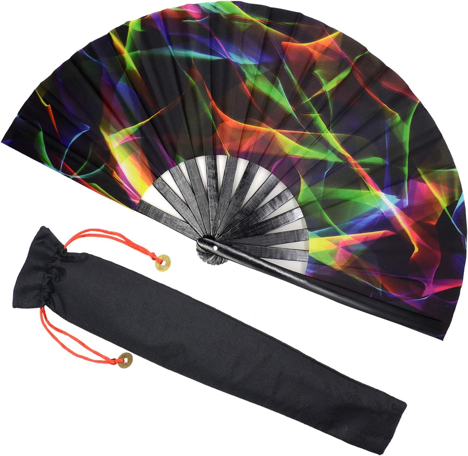 Zolee Large Rave Folding Hand Fan with Bamboo Ribs for Men/Women - Chinese Japanese Handheld Fan with Fabric Case - for Dance Music Festival Party, Performance, Decorations, Gift (Colorful)
