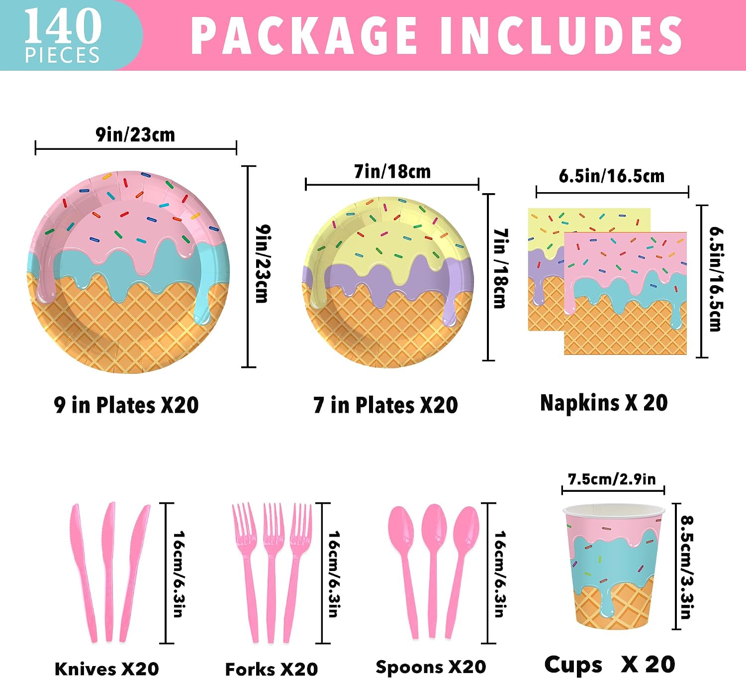 140PCS Ice Cream Party Decorations Ice Cream Theme Plates and Napkins for Sweet Summer Birthday Party Supplies Disposable Tableware Set Baby Shower Party Decorations Party Favor,Serves for 20 Guests