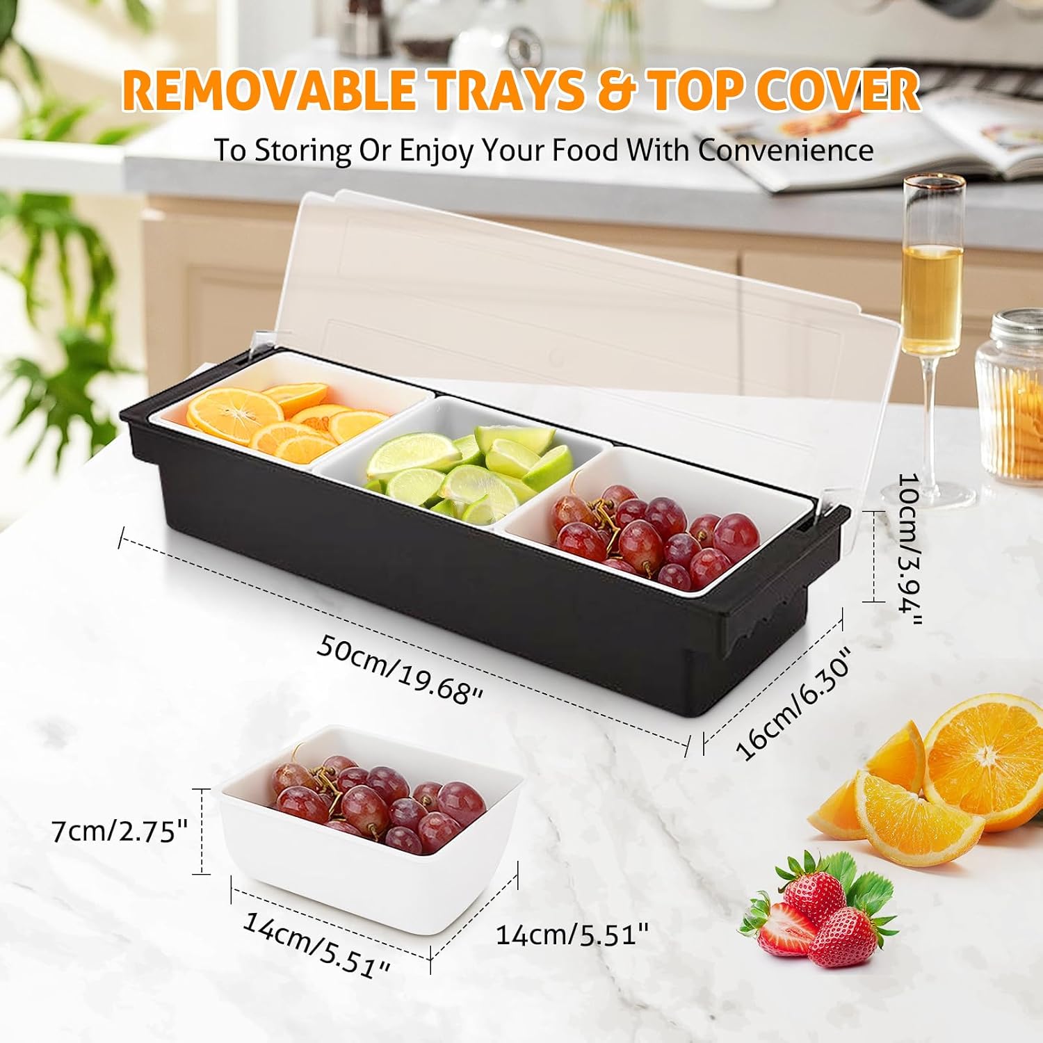 WICHEMI Fruit, Veggie & Condiment Caddy with Lid Dispenser Tray Plastic Garnish Station for Bartending & Serving Taco, Ice Cream, Salad Bar - Topping Organizer for Restaurant Supplies (3 Compartment) - Image 2