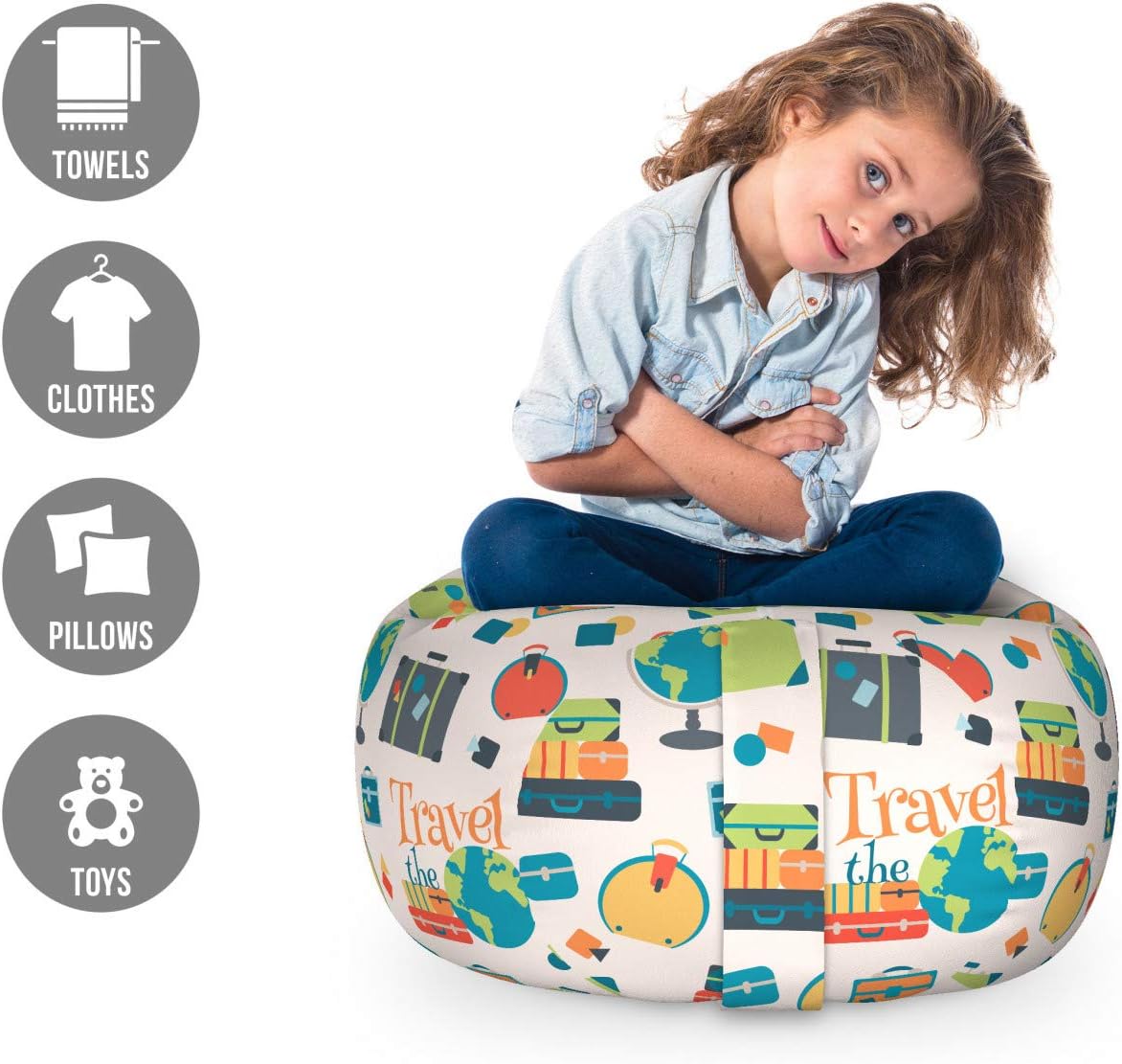 Ambesonne Travel The World Storage Toy Bag Chair, Calligraphy with Colorful Travel Suitcases Luggage and an Earth Globe, Stuffed Animal Organizer Washable Bag, Small Size, Green Aqua