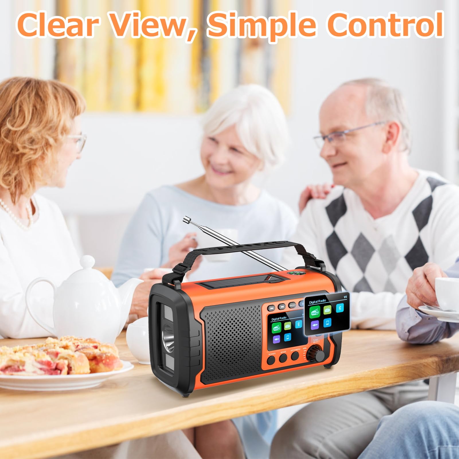 27000mAh DAB/DAB+ Notfallradio mit Kurbel, Solar & USB Laden, Bluetooth 5.3, Powerbank-Funktion, SOS Signal, Heller Taschenlampe, Leselampe, Kompass, TF-Karte und robustem Outdoor-Design, Orange