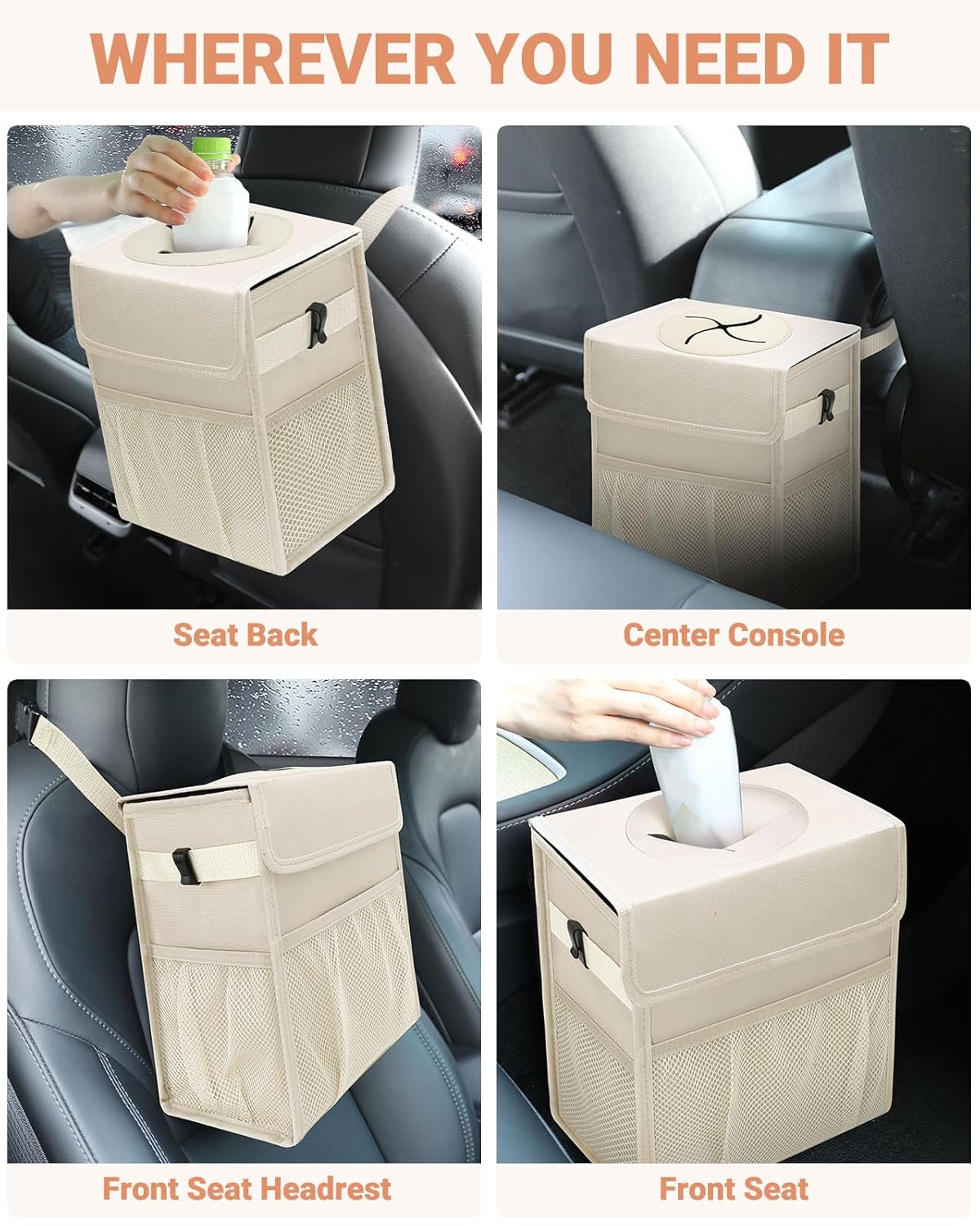 Capolo Car Trash Can with Lid, Leakproof Car Trash Bag Hanging Waterproof Automotive Garbage Can with Storage Pockets Mini Vehicle Trash Bin for Back/Front Seat(Beige,4 Gallon)