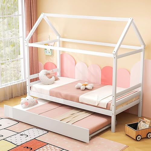 Miniatura 40 de KOMFOTT Cama individual con nido, marco de cama de plataforma de madera maciza, cama para niños con techo para niñas y niños, no necesita somier,