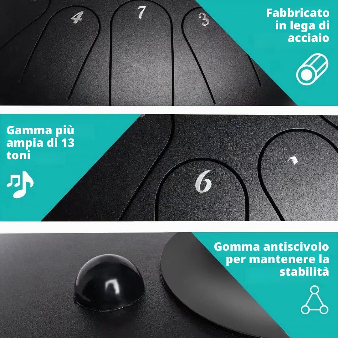 Steel Tongue Drum, Handpan, Tamburo a Lingua in Acciaio, 12 Pollici 13 Note Tamburo Strumento a Percussione con Bacchette per Tamburi, Carry Bag, Libro di Musica, per l'Educazione Musicale