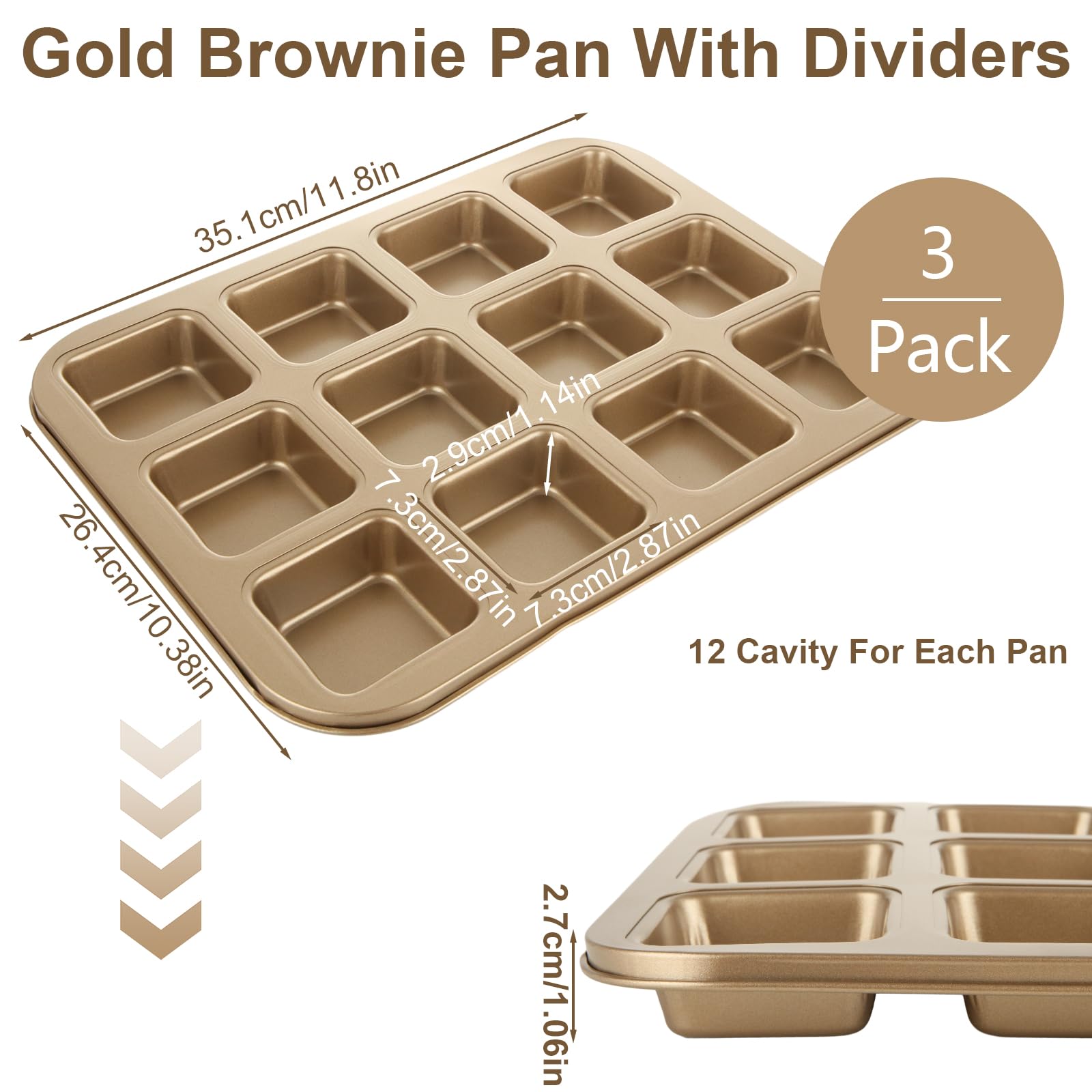 LDHHYH 3 Pack Square Brownie Pan with Dividers, 12 Cavity Nonstick Square Muffin Pan, Carbon Steel Cupcake Pan, All Edges Baking Pan for Baking Tart Muffin Cakes Cookie Bread - Gold