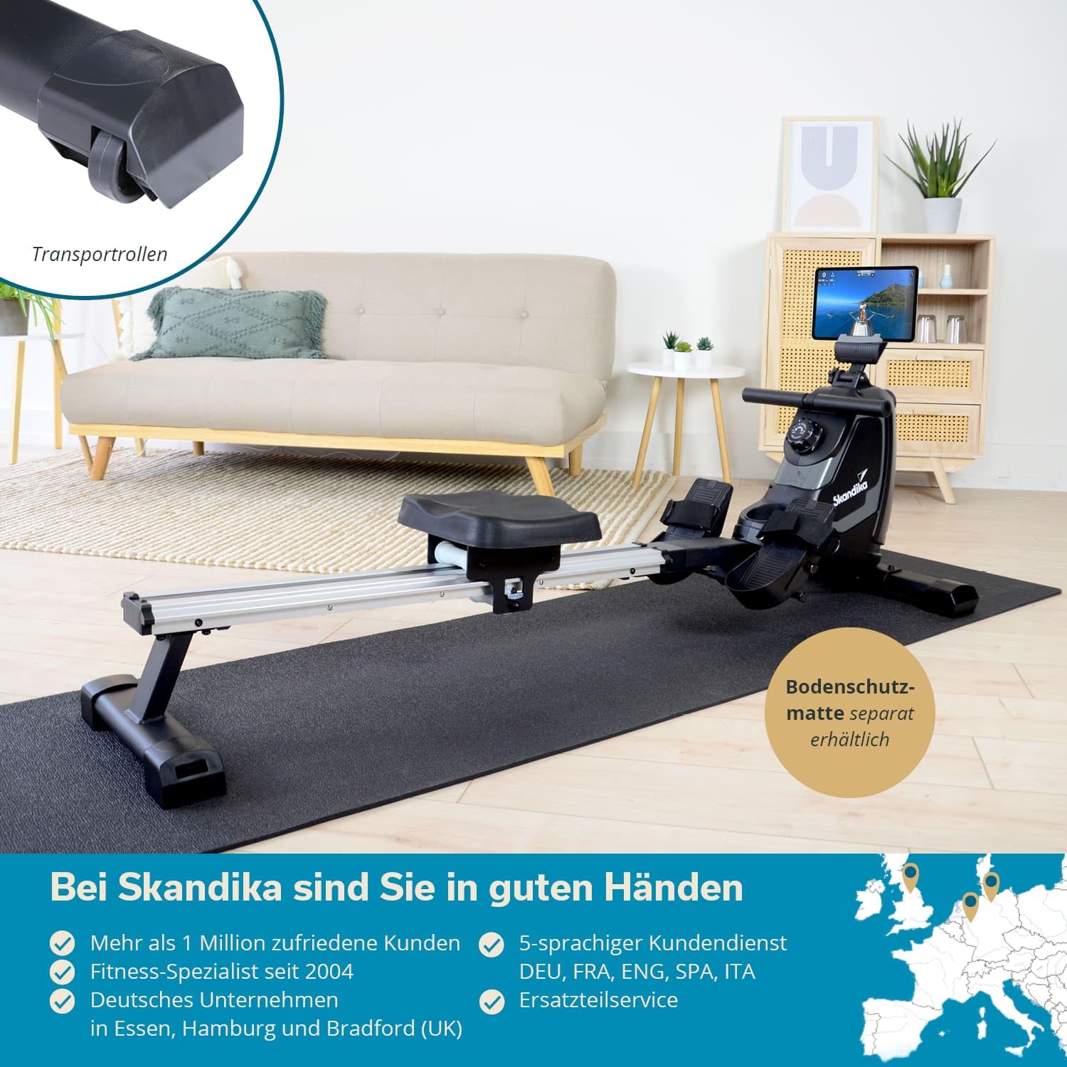 Skandika Rudergerät für Zuhause Venn | Rudermaschine mit Magnetwiderstand, 8 Widerstandsstufen, einfacher Aufbau, Bluetooth, Kinomap App kompatibel, leise & wartungsarm, Rudermaschine für zuhause