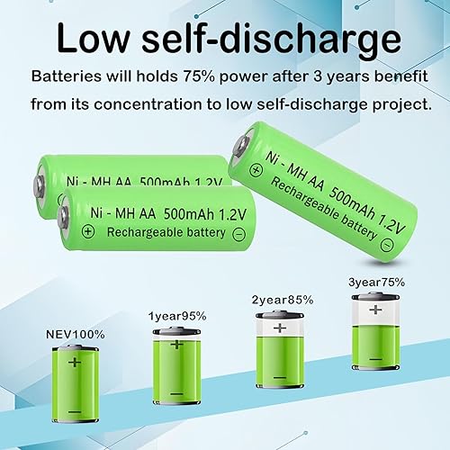 Miniatura 5 de Baterías recargables Ni-MH de tamaño AA de 500 mAh, batería precargada doble A de 1.2 V para luces solares, lámparas de césped y luces de camino (12